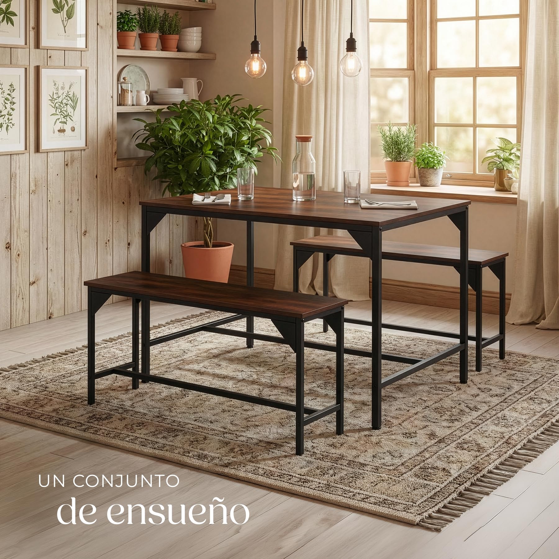 tectake® Conjunto de Mesa y Bancos, Estilo Industrial Minimalista, Mesa de Comedor con Banco, Muebles para Salón y Cocina, Marco de Acero y Madera con Revestimiento en Polvo, Fácil Montaje - Oscuro