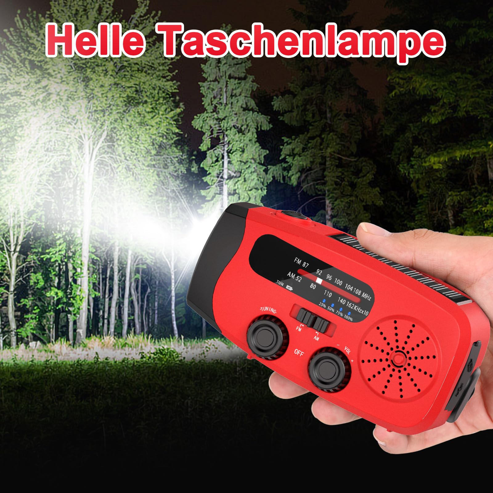 Kurbelradio mit Solar, Notfallradio, Tragbares Radio mit Handkurbel, AM/FM Radio mit LED-Taschenlampe, 2000mAh Powerbank, SOS-Alarm, USB-Handy-Ladegerät, Für Notfälle, Camping & Wanderungen (Rot)