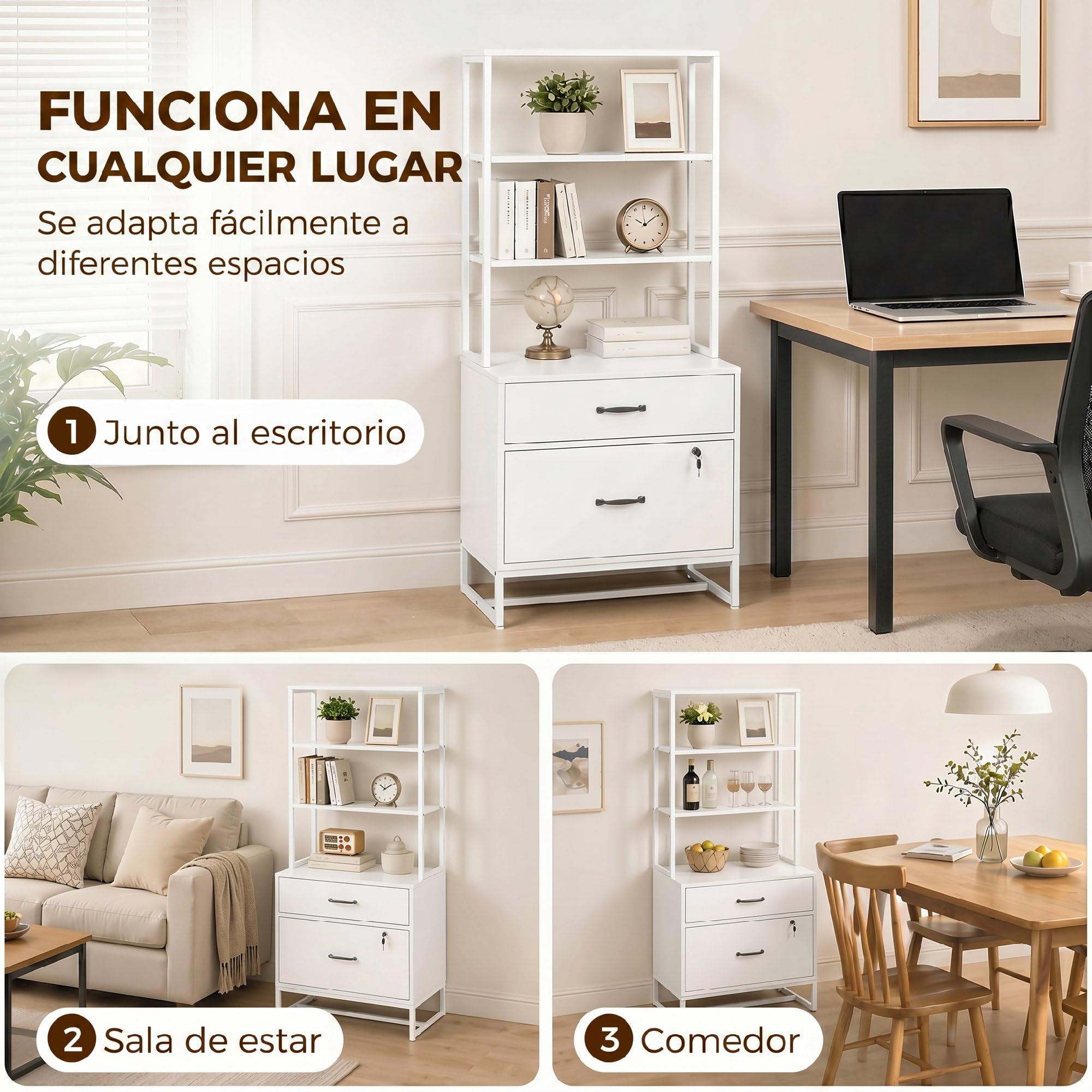 HOMCOM Cajonera Escritorio con Estantería, Mueble Archivador con 2 Cajones, Encimera para Impresora, Cerradura, para A4 Letter Legal, para Oficina, Estudio, Blanco