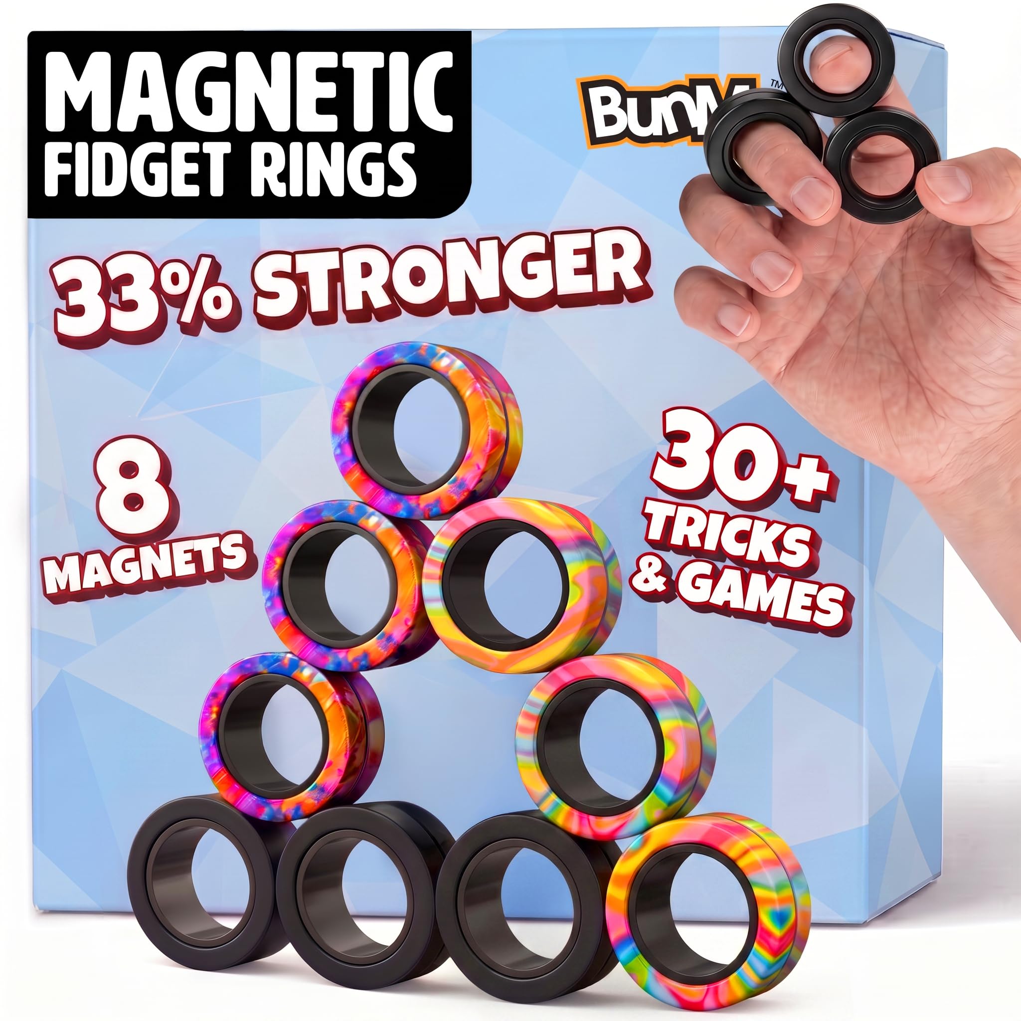 BUNMO Magnetic Fidget Rings 9pk – Cool Fidgets for Teens, Quiet Fidget Toys, Fidget Toys Adults, Maximum Strength 8 N50 Magnets, Learn Cool Tricks, Teen Gifts, Fidgets for Kids 8-12, 3 Unique Colors