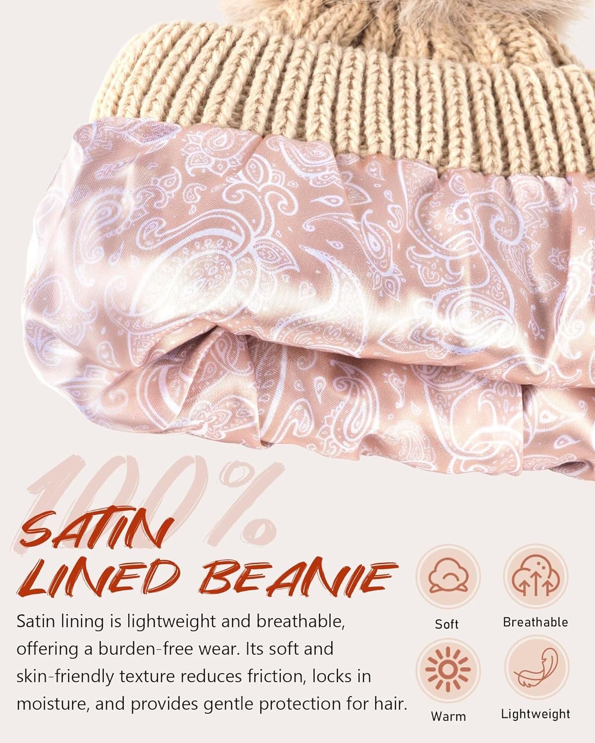 MSDC Satin Lined Beanie for Women with Pom Pom, Warm Womens Winter Hats with Silk Lined, Fashionable Knit Beanie Skull Cap - Image 2