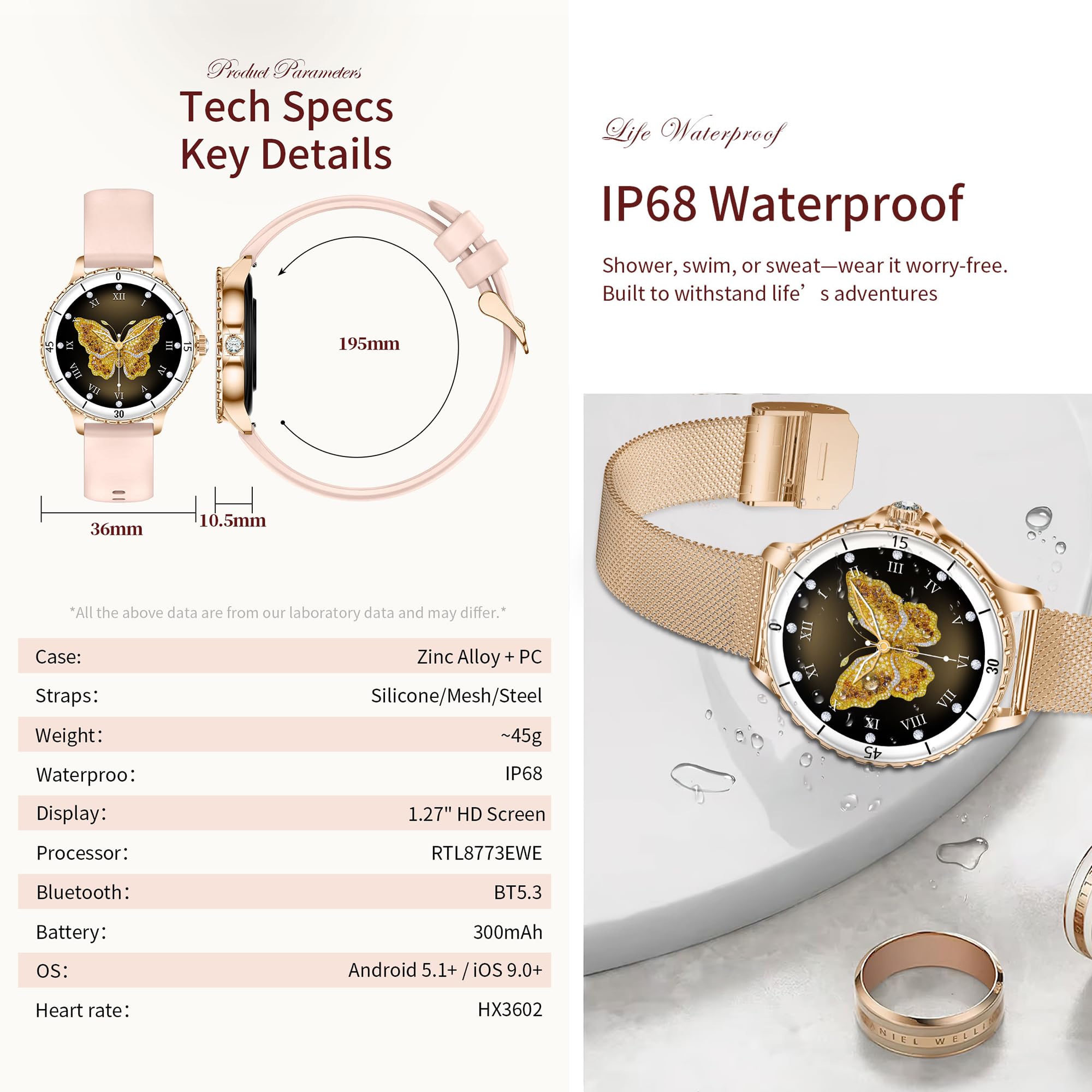 1,27-calowy AMOLED Smart Watch dla kobiet z funkcją Bluetooth, zegarek fitness z 24/7 monitorem temperatury ciała, snem i pulsometrem, monitor SpO2, zegarek sportowy 3ATM iOS Android (złoty)