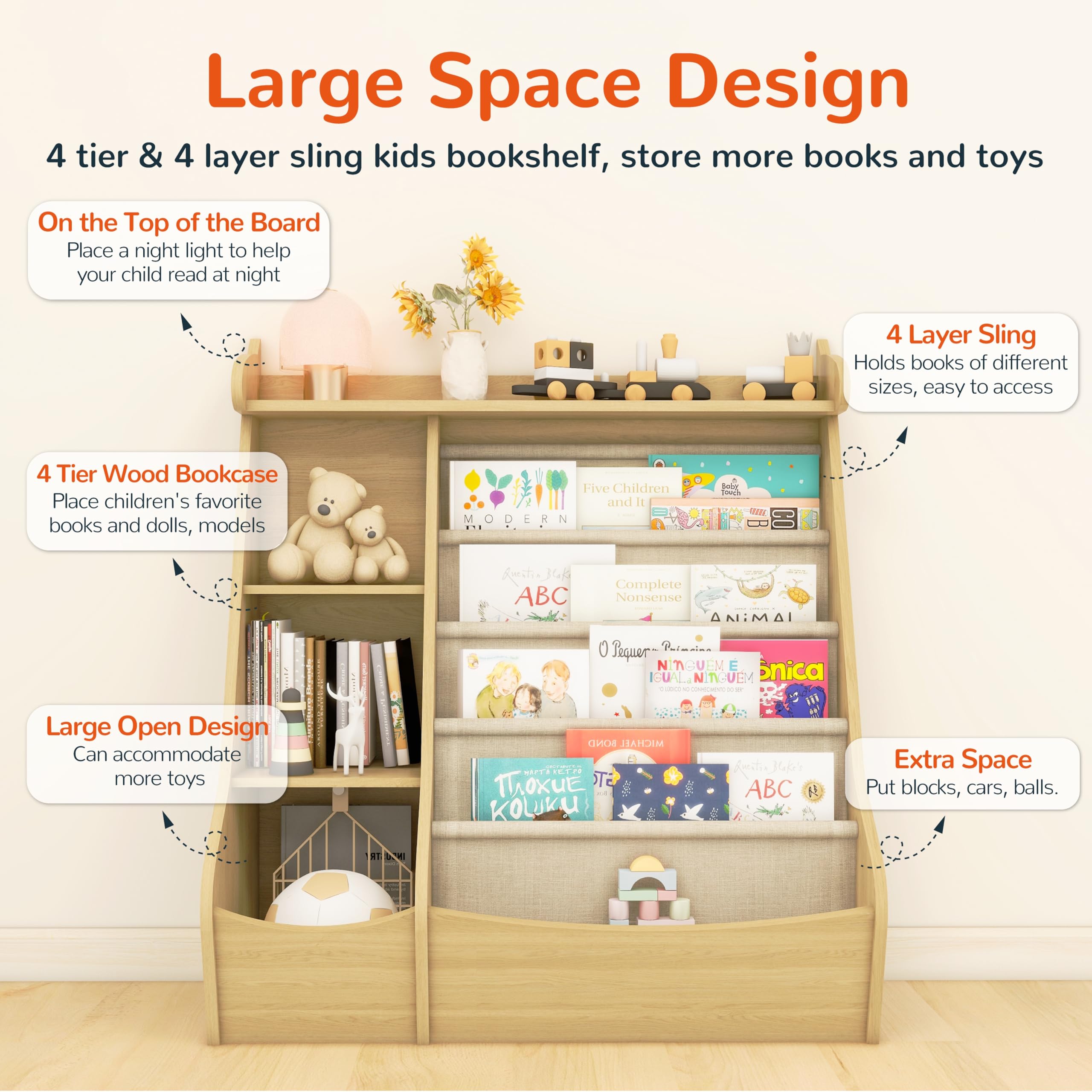 FKWin Kids Bookshelf, Kids Toy Storage Organizer, Baby Storage Book Rack, 4 Tier Kids Wooden Bookshelves, 4 Layer Sling Bookcase for Playroom, Bedroom, Living Room, Kids Room, Nursery, School(Natural)