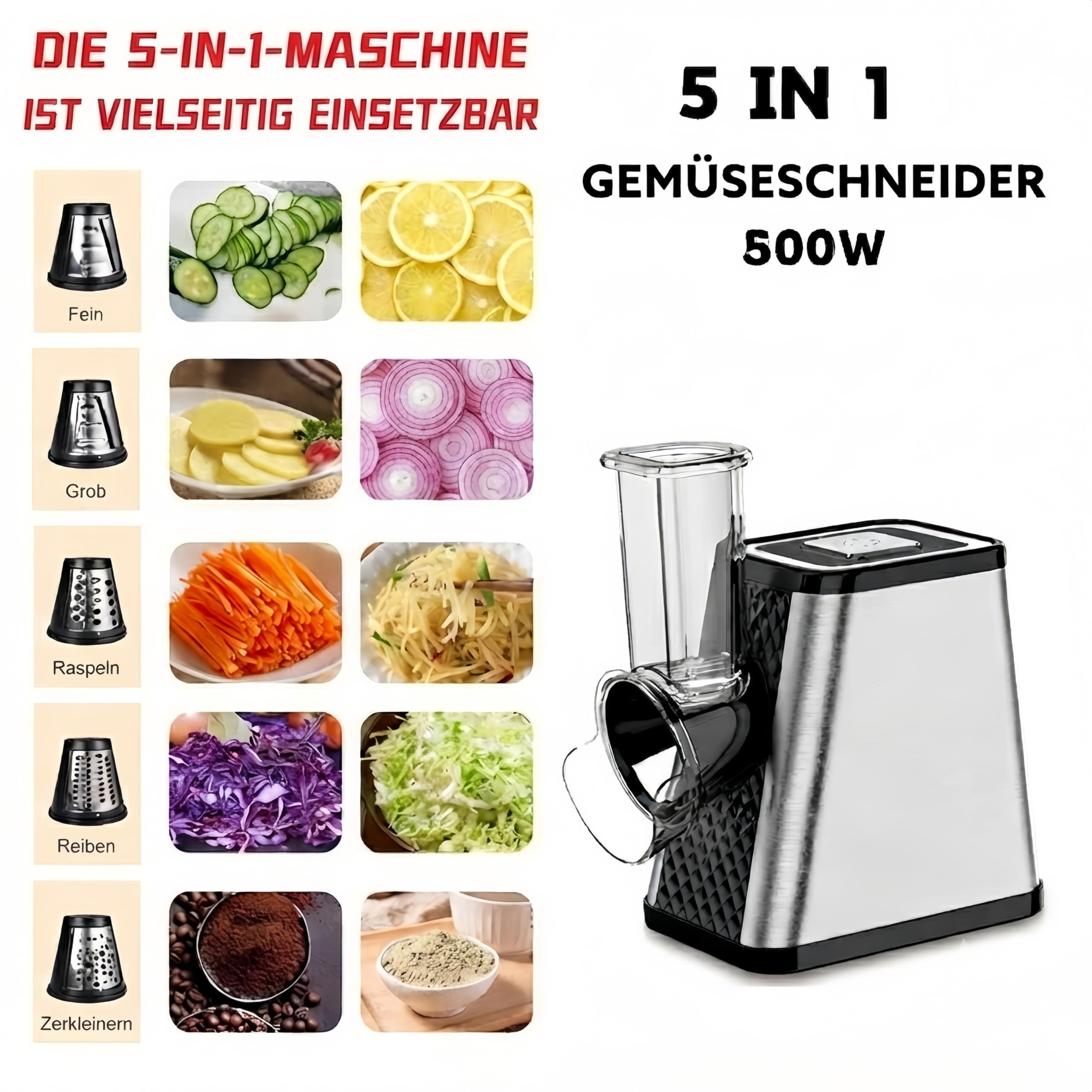 Elektrischer Gemüsehobel 500W, 5-in-1 Multifunktionaler Gemüseschneider mit 5 austauschbaren Klingen, Edelstahl Käseraspel für Kartoffeln, Karotten, Obst und Käse