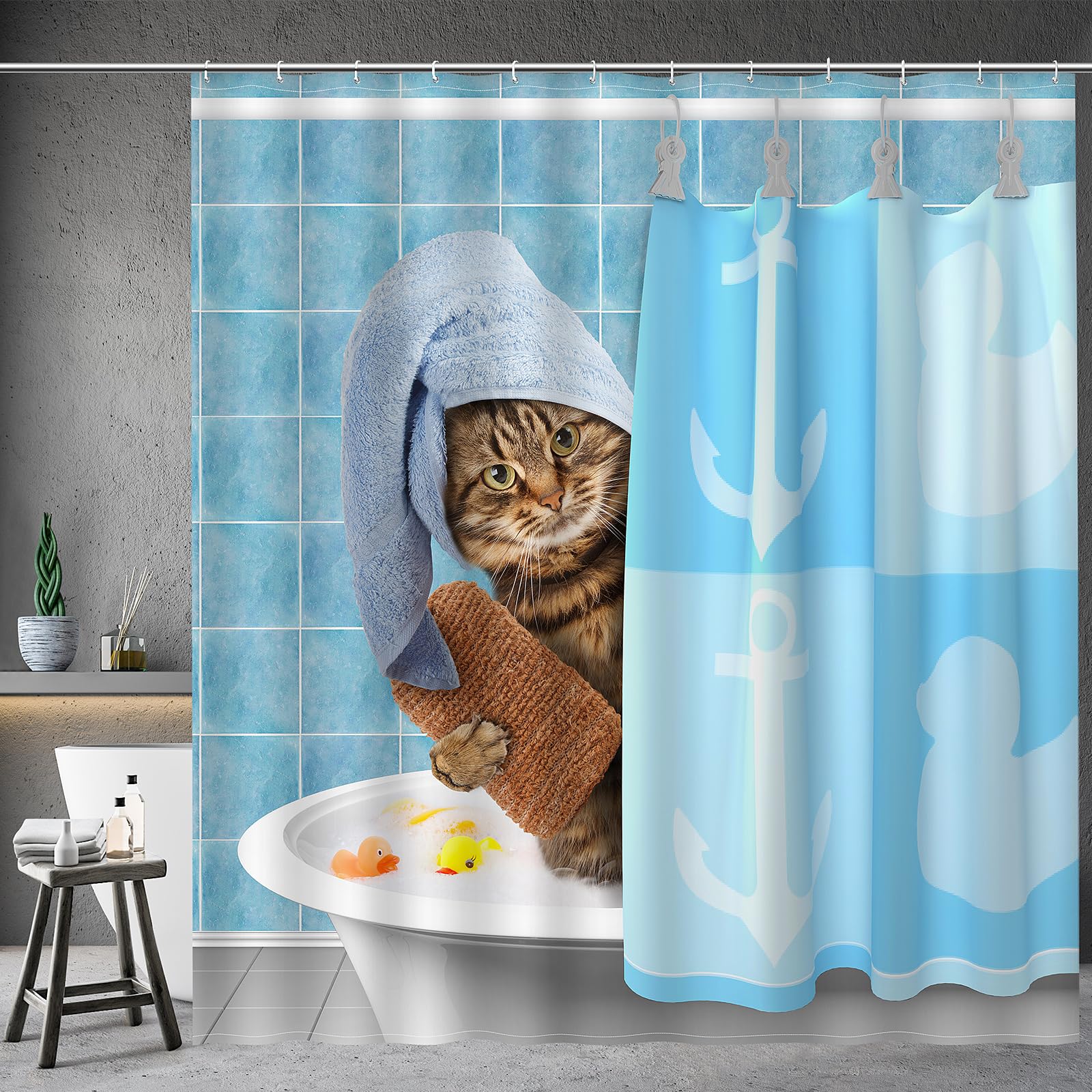 Funny Cat Shower Curtains for Bathroom - Bathing Cat Cute Kitten Taking Shower with Rubber Ducks Fun Shower Curtain Set with 12 Hooks for Adults Kids