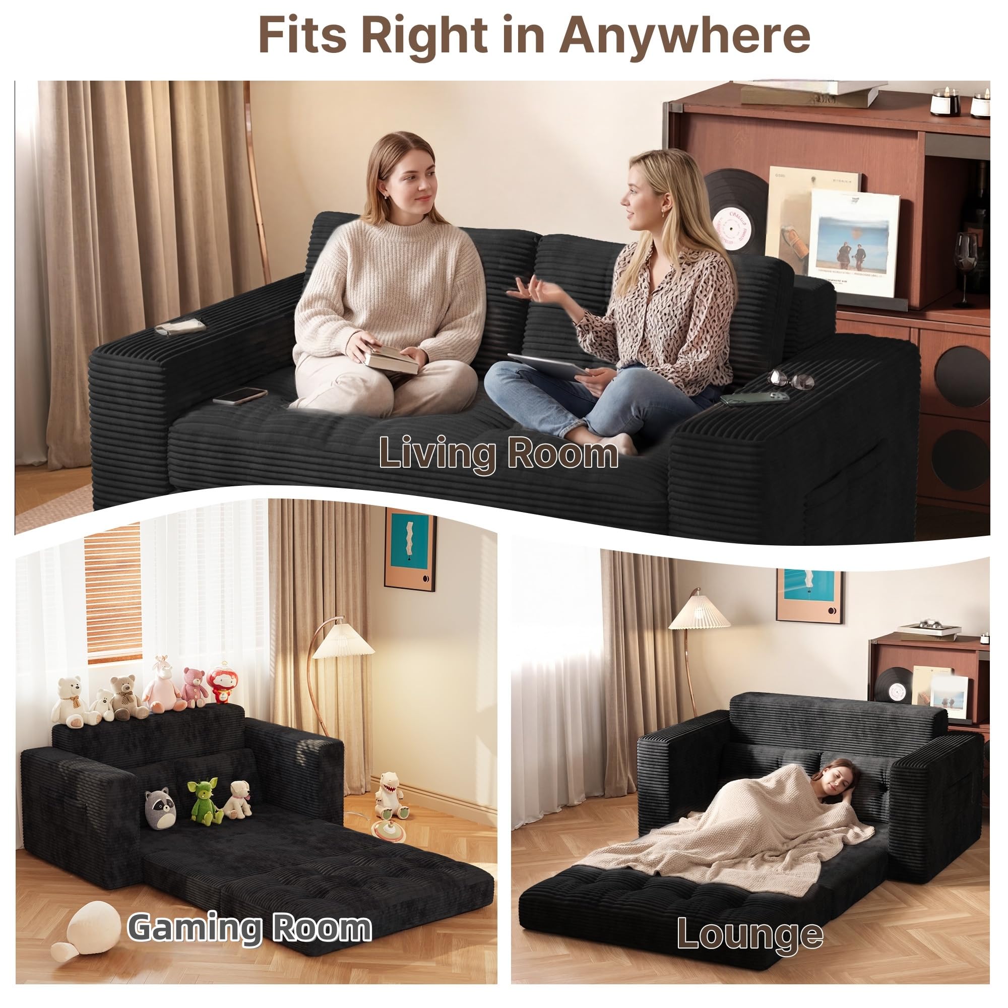 Gizoon Boneless Couch Bed Small Floor Couch 59" Convertible Sleeper Sofa | Folding Sofa Bed with 2 Pillows & Memory Foam, Corduroy Pull Out Couch for Small Spaces, Apartment, Living Room, Black