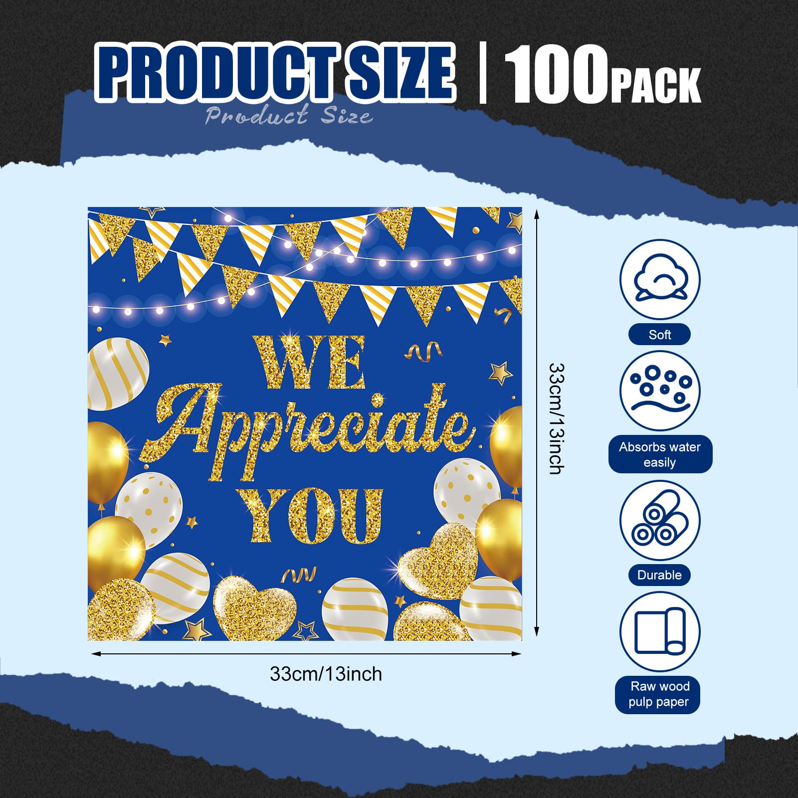 Chiisong 100 servilletas de agradecimiento con texto en inglés "We Apreciate You", servilletas decorativas Thank You for All You Do para empleados, profesores, médicos, voluntarios, decoraciones de