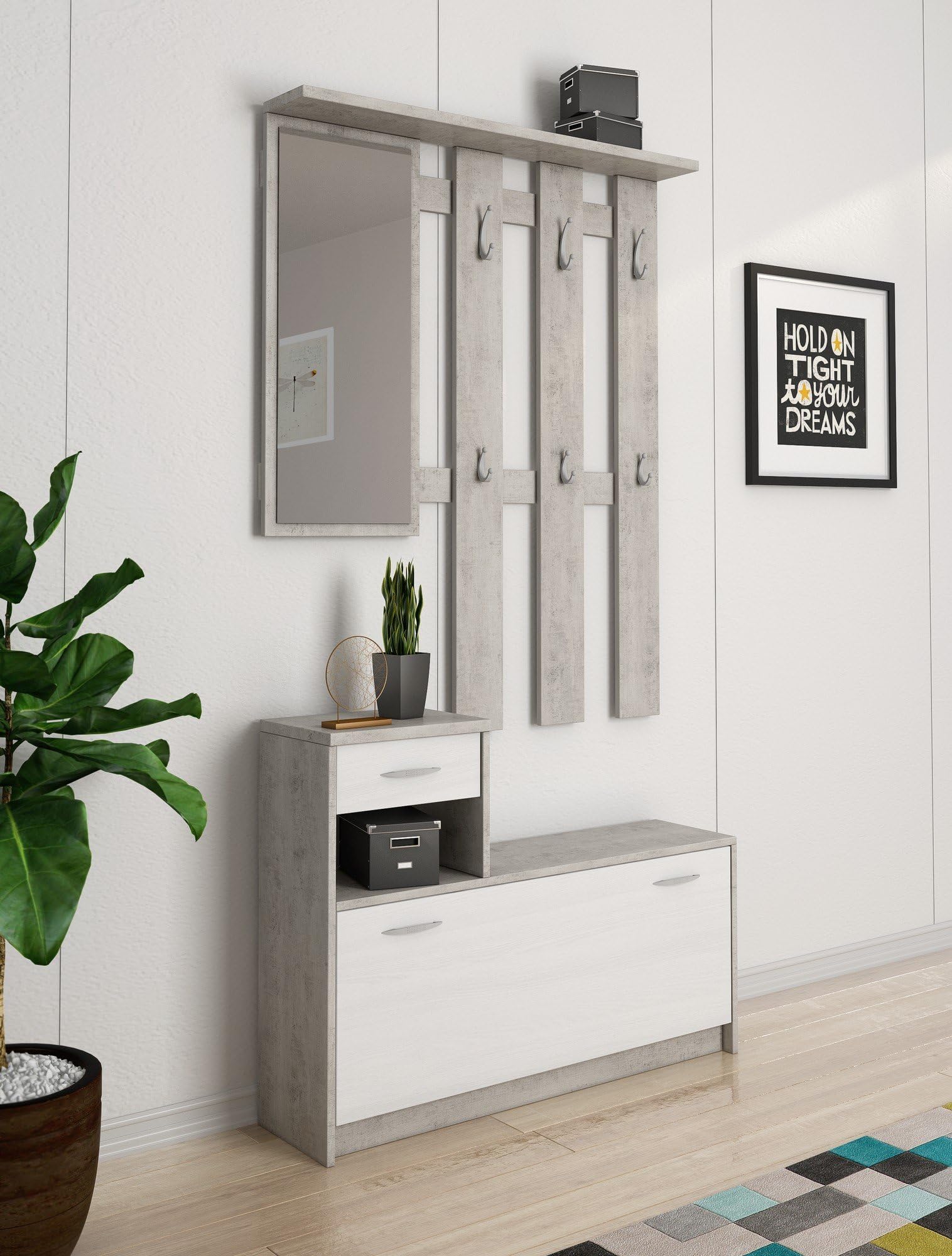 Dmora - Mobile da ingresso con specchiera, entratina per atrio con scarpiera, Svuotatasche per piccoli appartamenti, cm 100x25h180, colore Bianco e Cemento