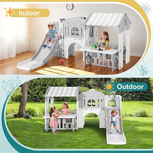 Miniatura 8 de JOYLDIAS Tobogán 9 en 1 para niños pequeños, juego independiente de escalador para niños, casa de juegos para niños pequeños con tobogán, aro de