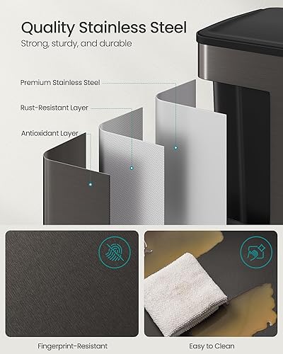 Miniatura 7 de SONGMICS Bote de basura, 2 x 8 galones (2 x 30 L) de doble compartimento con tapa de cierre suave, pedal y cubos interiores, acero inoxidable,