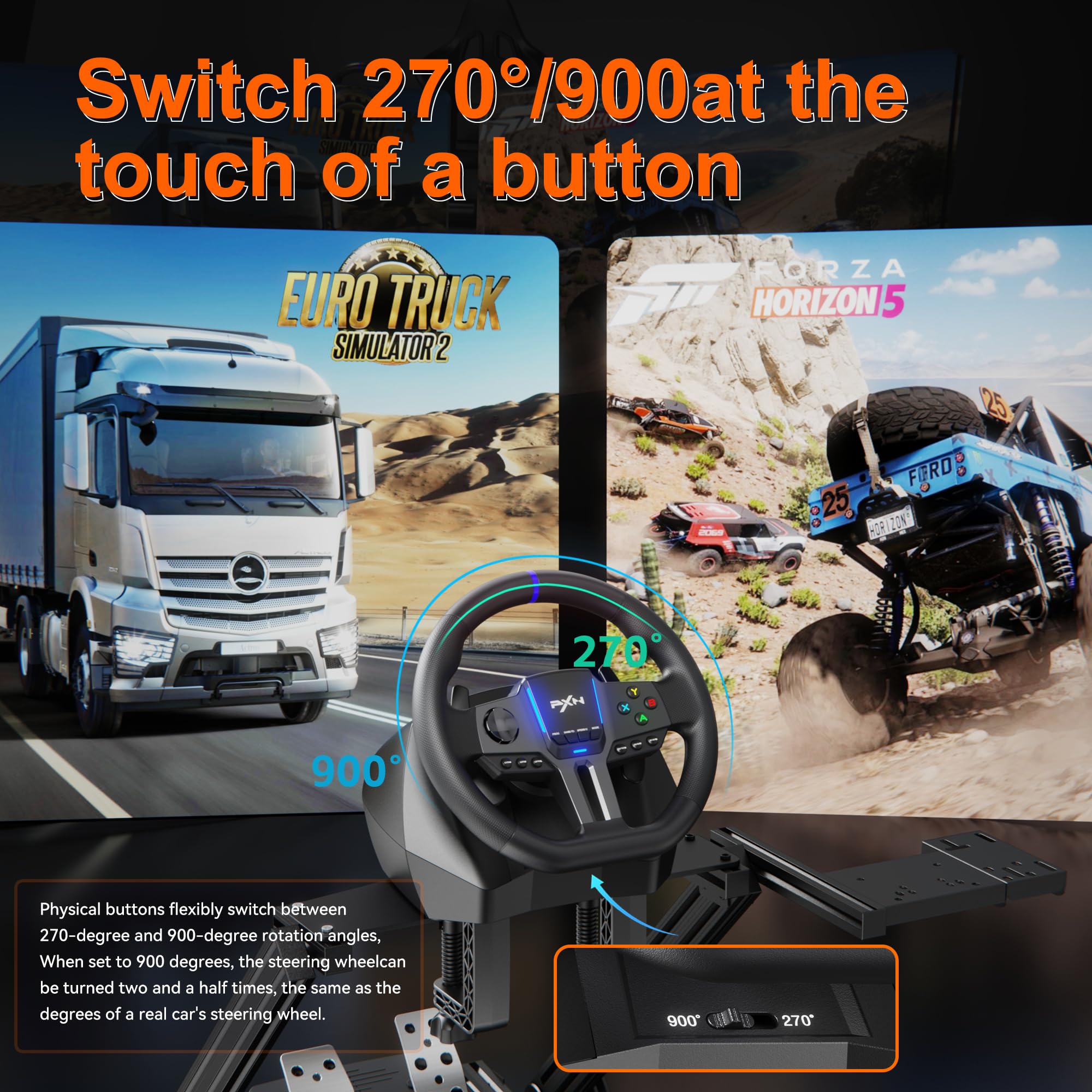 PXN Volante de carreras para PC, V900 GEN2, universal, USB, para coche, Sim, 270/900 grados, con pedales, para PC, PS3, PS4, Xbox One, Xbox Series X/S, Switch