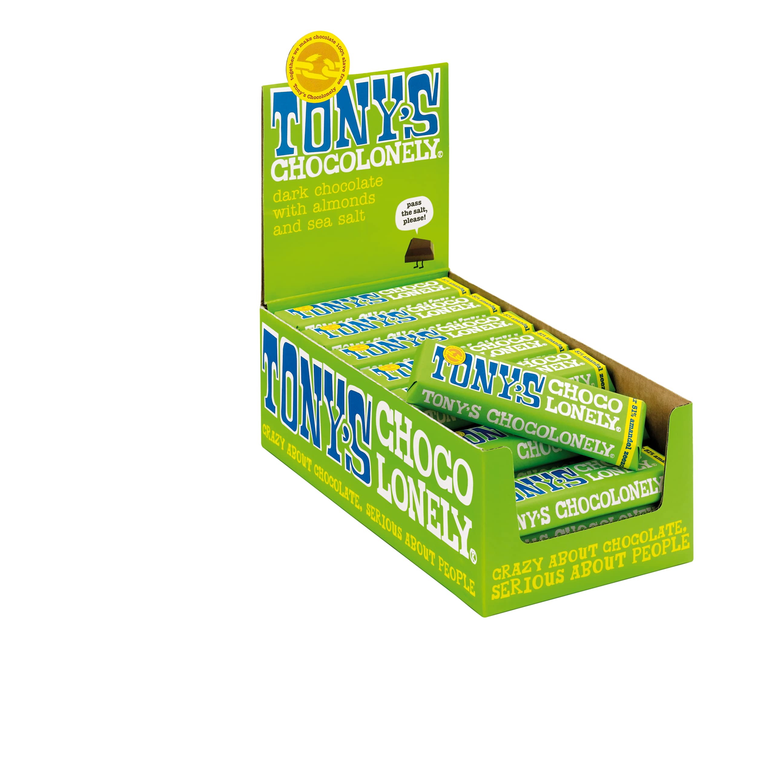 TONY'S CHOCOLONELY - Zartbitterschokolade mit Mandeln & Meersalz 35x47 g Riegel - Fairtrade Schokoriegel mit bissfesten Mandeln & Meersalz, ideal für unterwegs. Ohne Palmöl, hergestellt in Belgien
