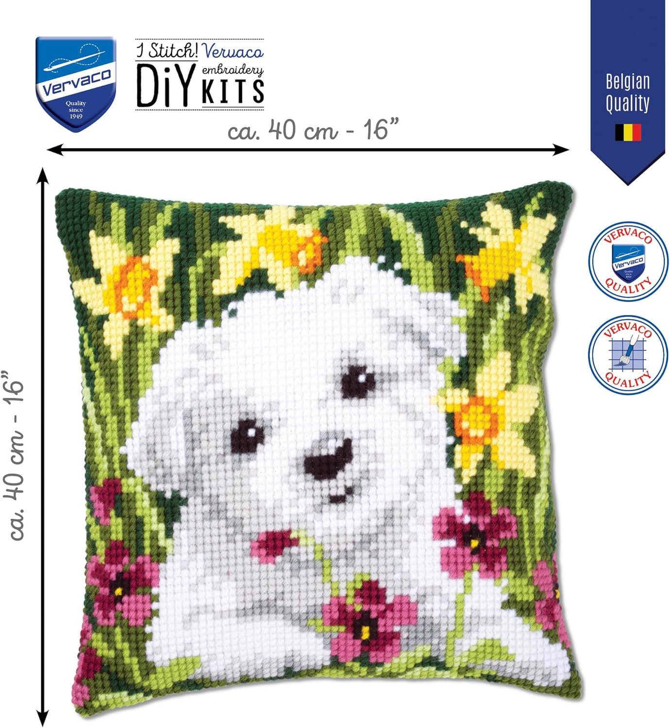 Vervaco Cross Stitch Cushion Kit Westie in Daffodils 16" x 16"
