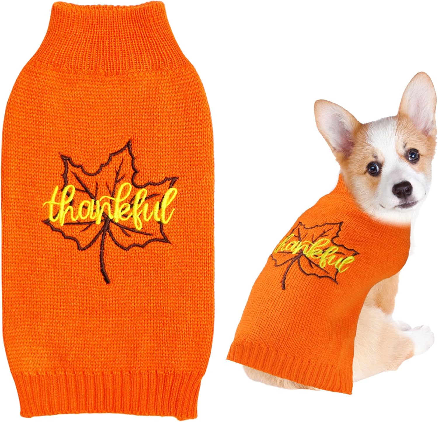 Dog Thanksgiving Sweater, Knitted Thanksgiving Fall Holiday Dog Sweaters Outfit Clothes for Small Medium Large Dogs Pets (Orange Maple Leaf, Small)