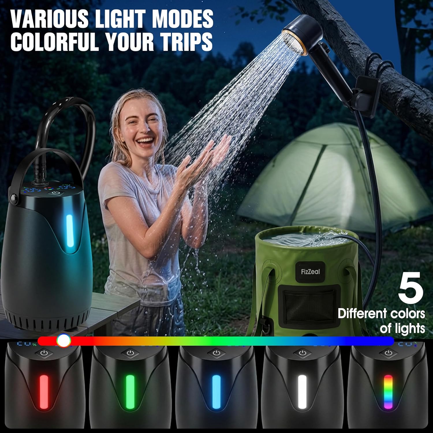 Portable Shower for Camping, 8000mAh Rechargeable Portable Camping Shower pump with 6.6 Gallons Foldable Bucket, 5 Speed & LED Display,Rinse Kit Portable Outdoor Camping Travel Shower head for Hiking