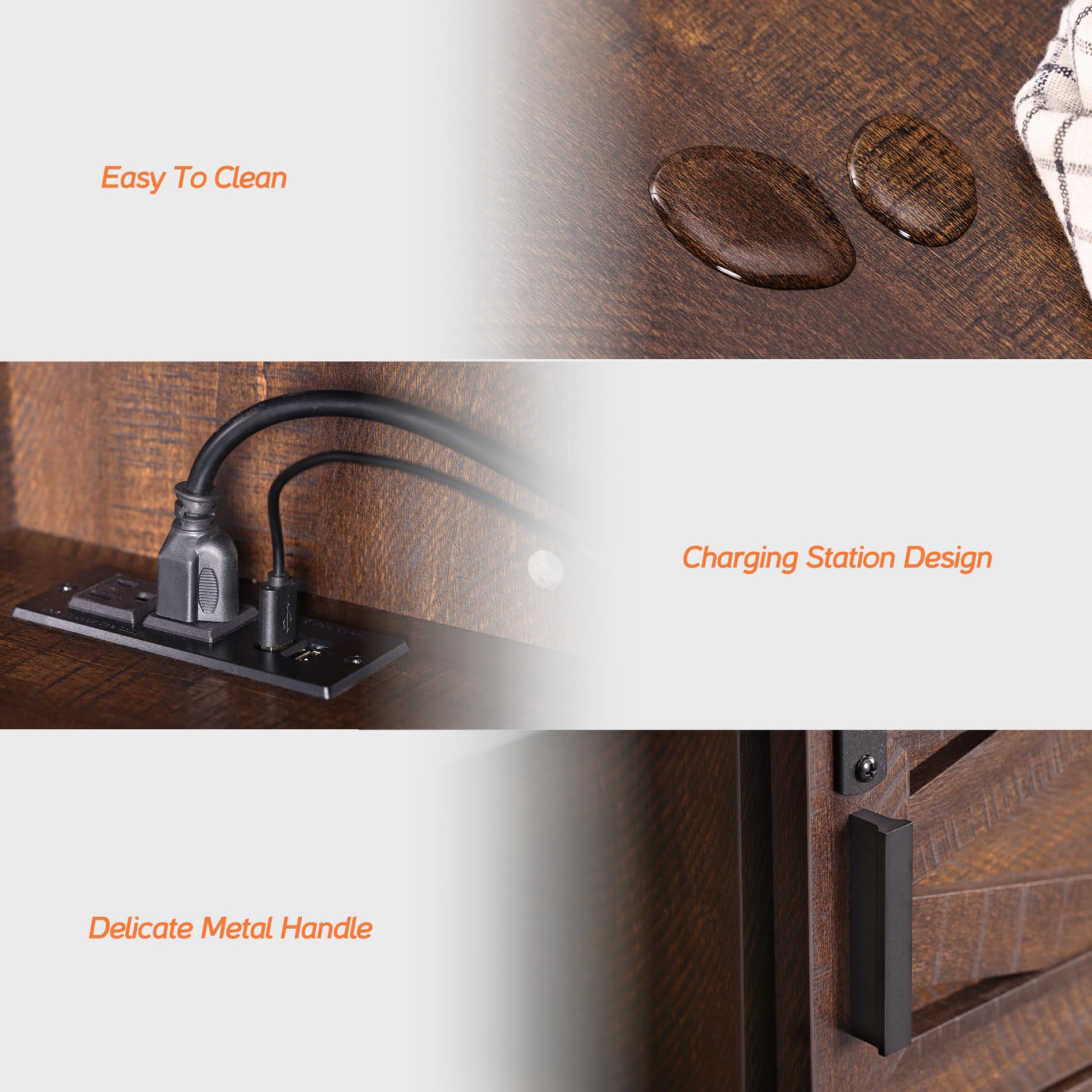 Close-up of the built-in power strip with 4 outlets on the TV stand.