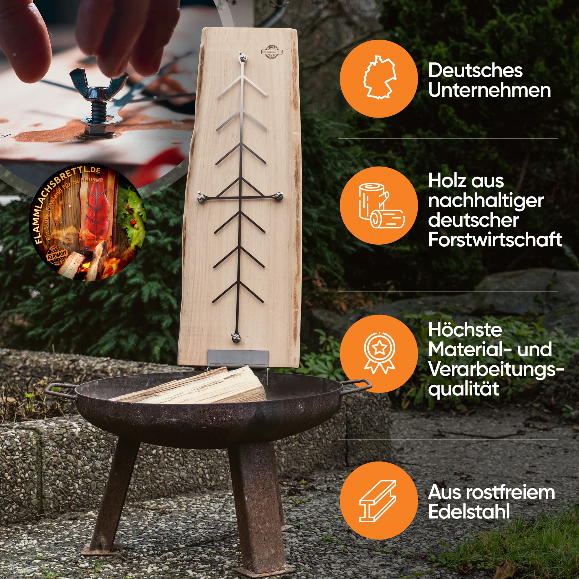XXL Flammlachbrett [mit Edelstahlhalterung] aus Buchenholz | ca. 280 x 800 x 20 mm | für Feuerschalen & Kugelgrill | Lachsbrett made in Germany | Buche (Holz)