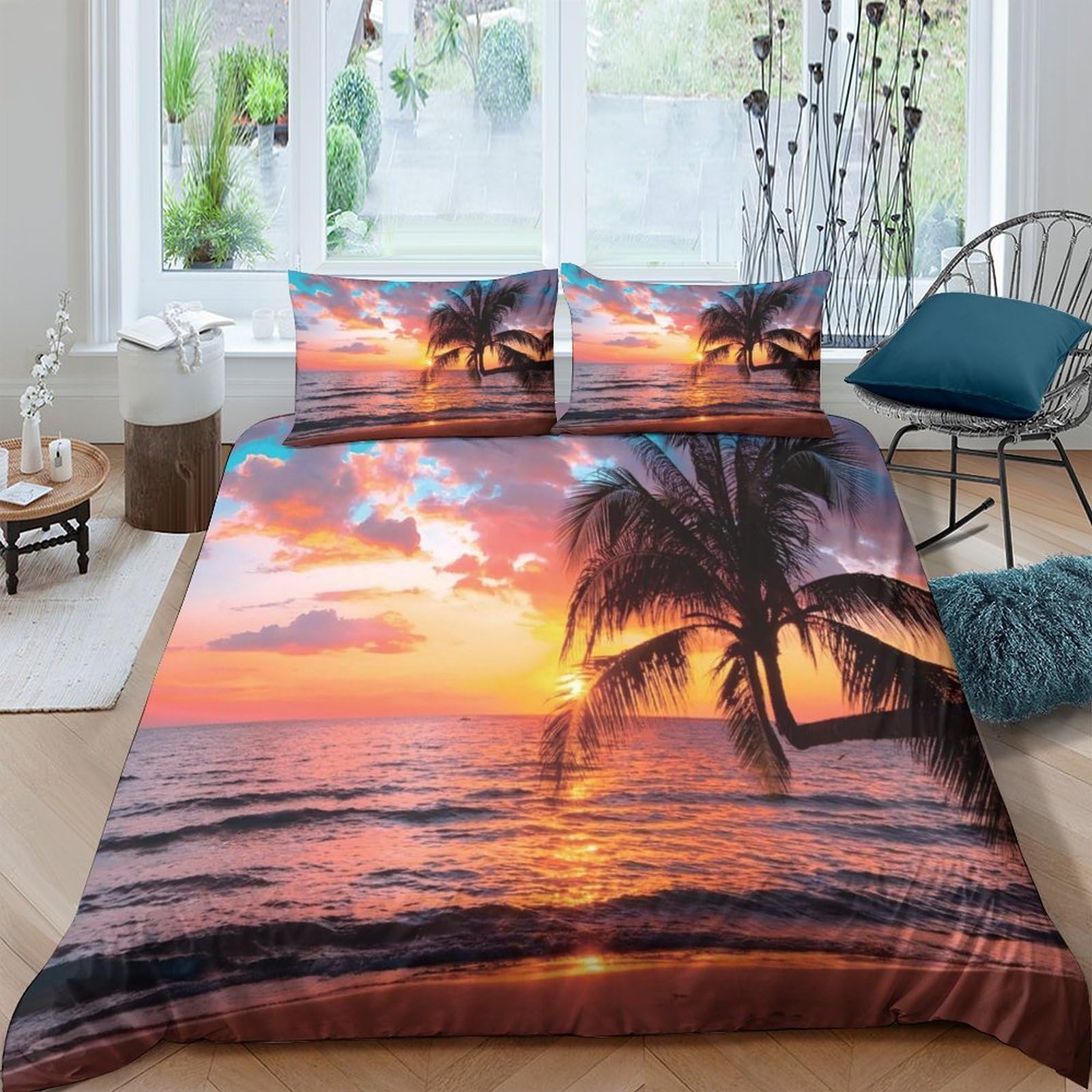 Ctjqhvkz Style-3 3D Printed Sunset Beach Fitted Sheet Microfiber Soft Breathable Palm Ocean Mattress Cover For Bedroom Decor Single（135X200cm）