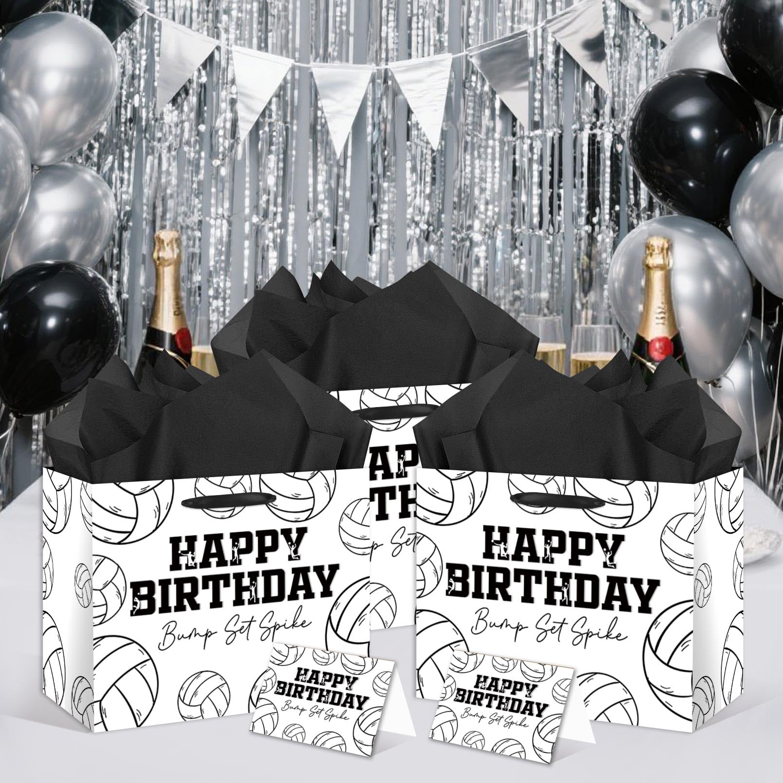 HSKMAKE Large Volleyball Birthday Gift Bag, Black White Volleyball Theme Gift Bag, with Card and Tissue Paper, Sports Party Gift Bags, for Boys, Girls, Fans, Birthday Party Favor Decorations Supplies