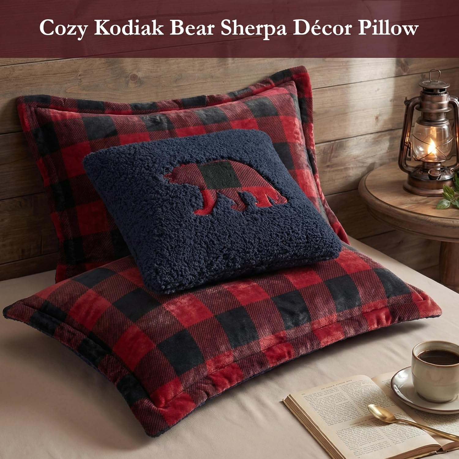 Woolrich Reversible Comforter Set Ultra Soft Plush to Sherpa, Down Alternative, Cold Weather Winter Warm Bedding, with Matching Sham, Decorative Pillow Red/Black Buffalo Check King 4 Piece