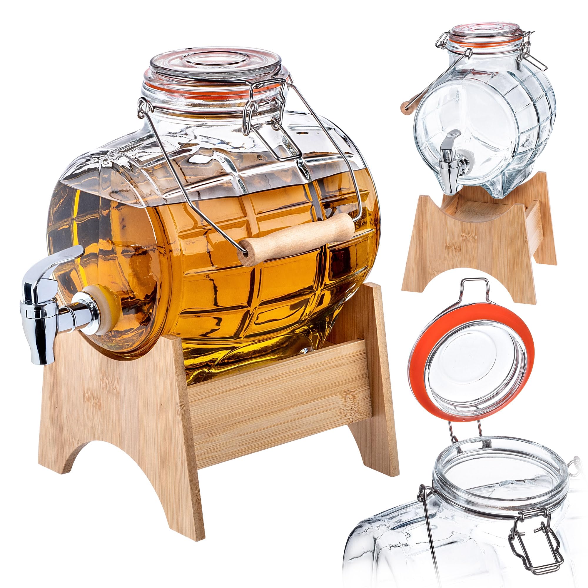 KADAX Fass 3L mit Hahn, fassförmiger Getränkespender aus Glas mit Zapfhahn, transparenter Spender mit Holzuntersatz, Alkoholspender ideal für Whisky, Brandy, Säfte (Modell 1)