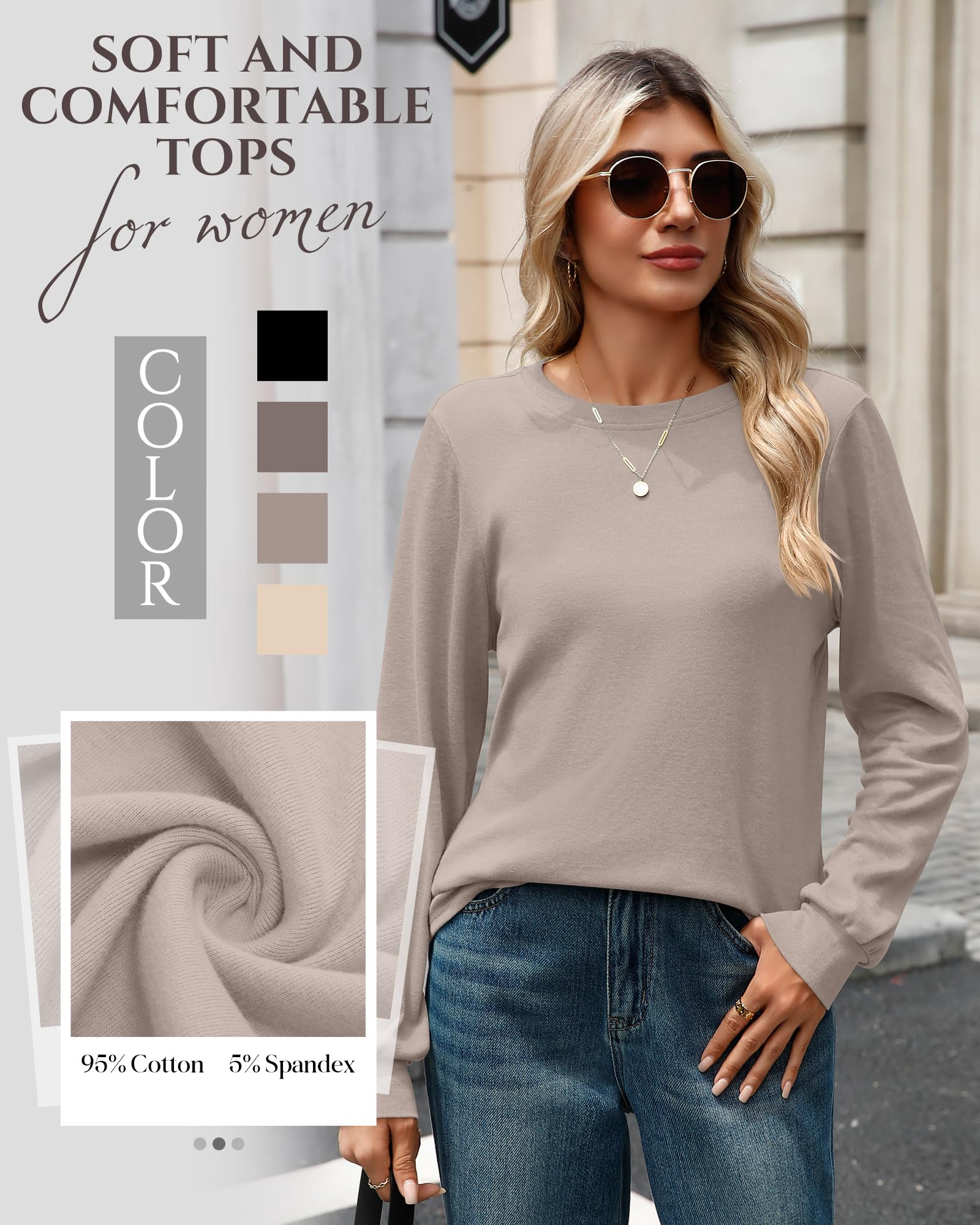 4 Pack Women's Long Sleeve Shirts, Crew Neck Cotton Tees Curved Hem Tunic Pullover Sweatshirts Knit Loose T-Shirts