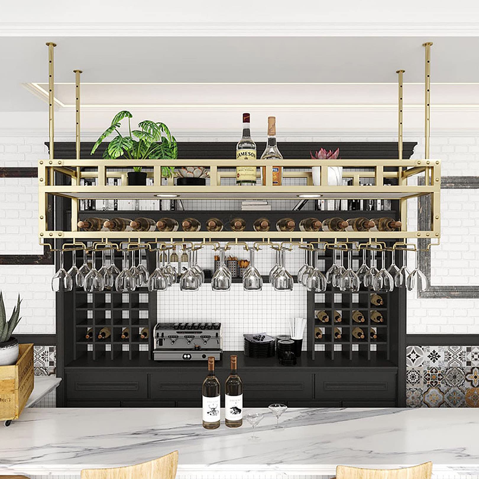 Portabottiglie da soffitto con 2 luci - Portabottiglie e portabicchieri Scaffali galleggianti Piante moderne Foto Bottiglie di vino Espositore Scaffale per cucina Sala da pranzo Home Bar
