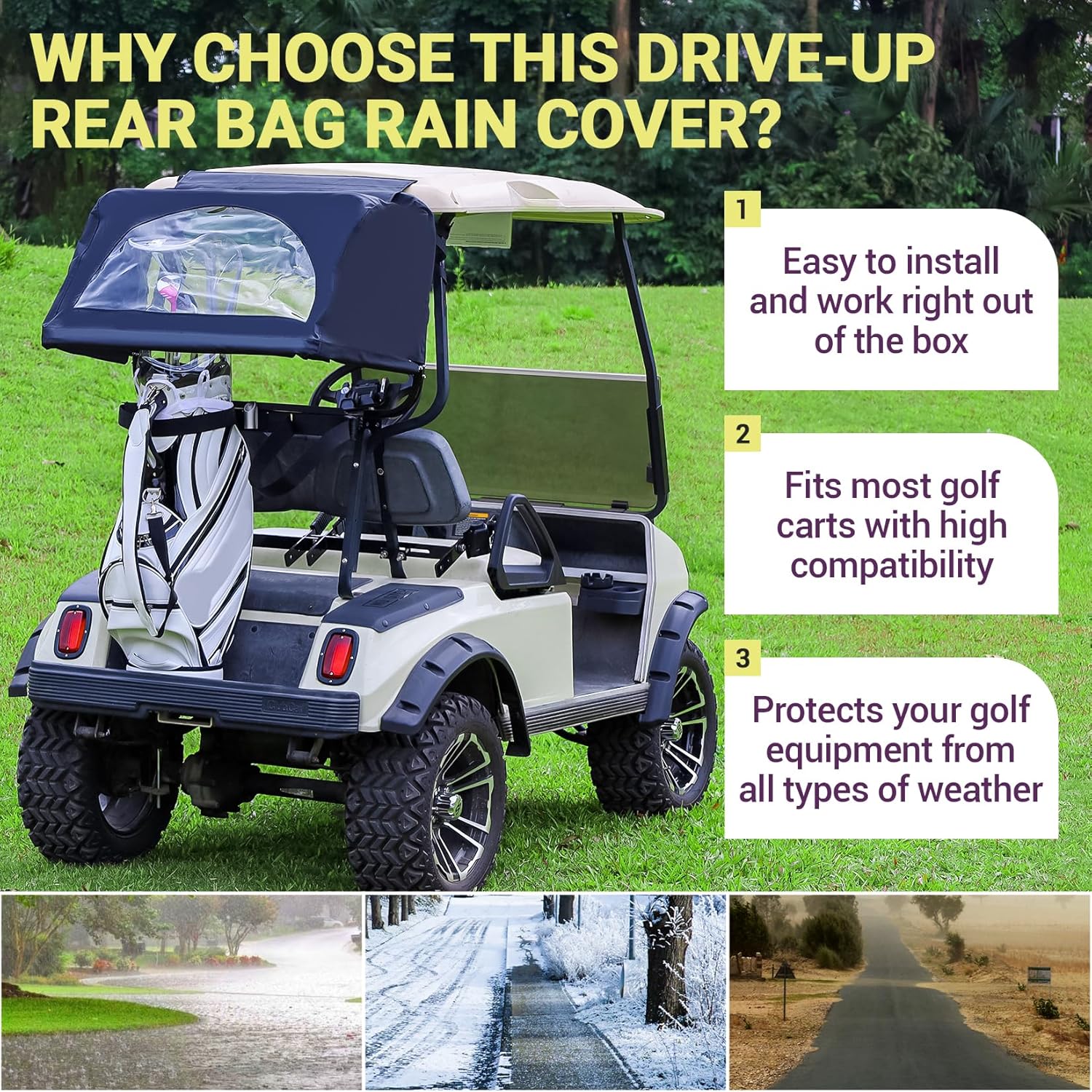 DRIVE UP Golf Cart Rear Bag Rain Cover for Most Yamaha Club Car EZGO Golf Carts, Black/Beige Heavy-Duty Golf Rear Rain Shelter with Bracket Kit