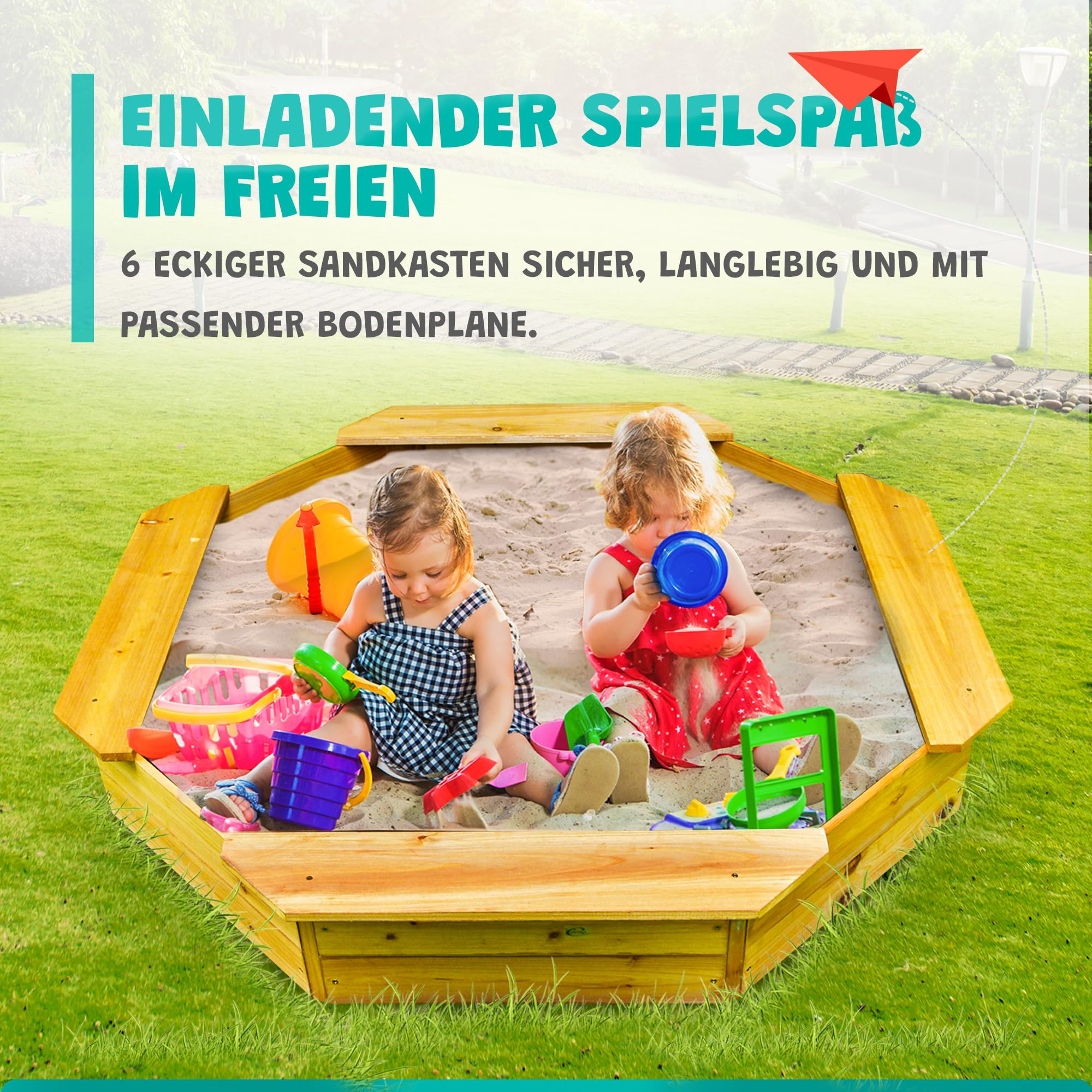 6-eckiger Sandkasten Sally Holz Braun inkl schwarzer Bodenplane 125x125x20 cm Sandkiste 4 Sitzbretter