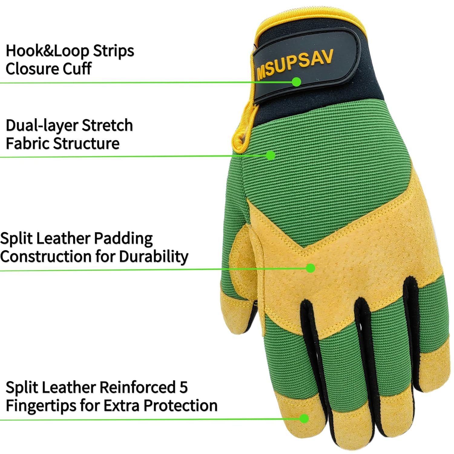 Utility Outdoor Safety Work Gloves,Working Glove,Split Leahter with Padded Knuckles & Palm,Green+Yellow,Large - Image 7