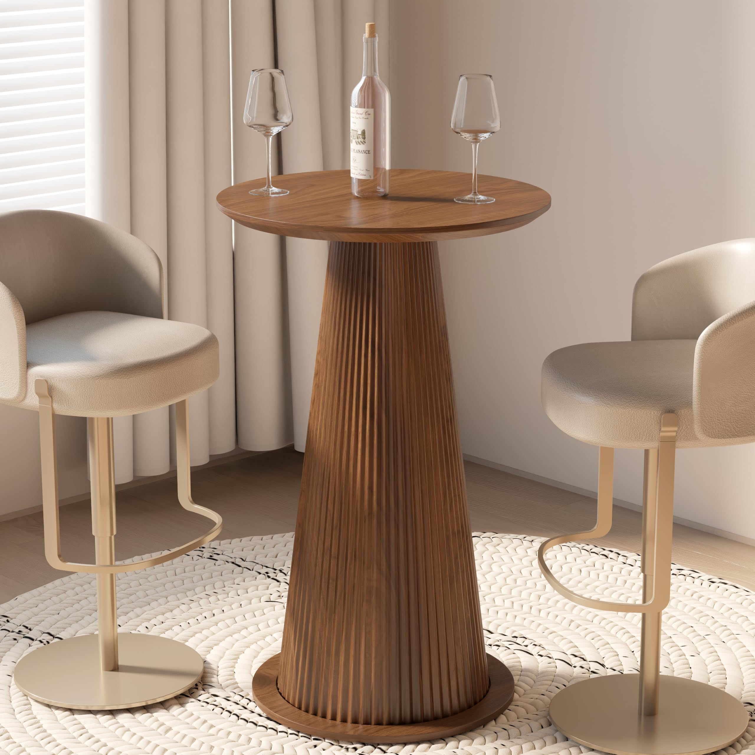 Round Bar Table, 39''H Wood Bistro Pub Table with Fluted Base, Modern Coffee Cocktail Tables for Living Room, Small Space, Walnut (Only Table)