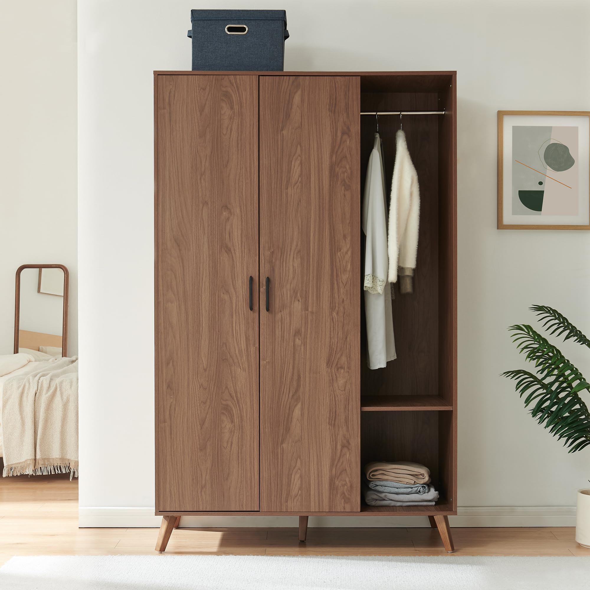 [en.casa] Armario ropero Norg 2 Puertas 5 estantes 191x120x52cm Nogal | Armario dormitorio Clóset Guardaropa para Vestidor barra para colgar 5 compartimentos diseño moderno gran capacidad
