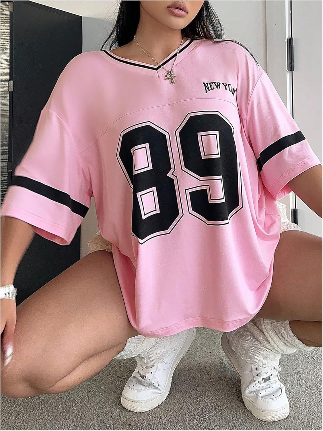 Verdusa Women's Plus Size Oversized Jersey Shirt Graphic Tees V Neck Short Sleeve Color Block Tops - Image 6