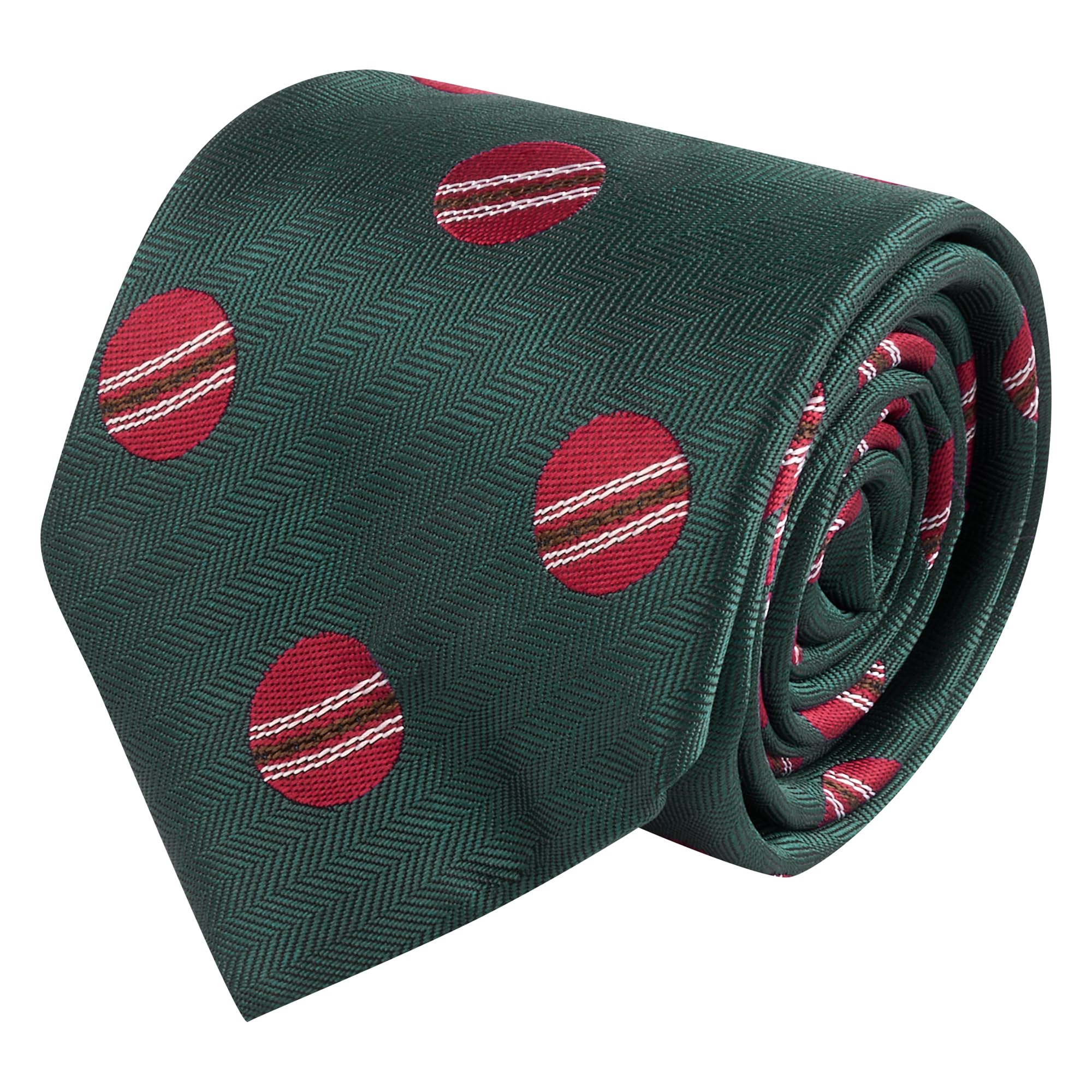 King & Priory Cricket Ball Dark Green Herringbone Embroidered Tie