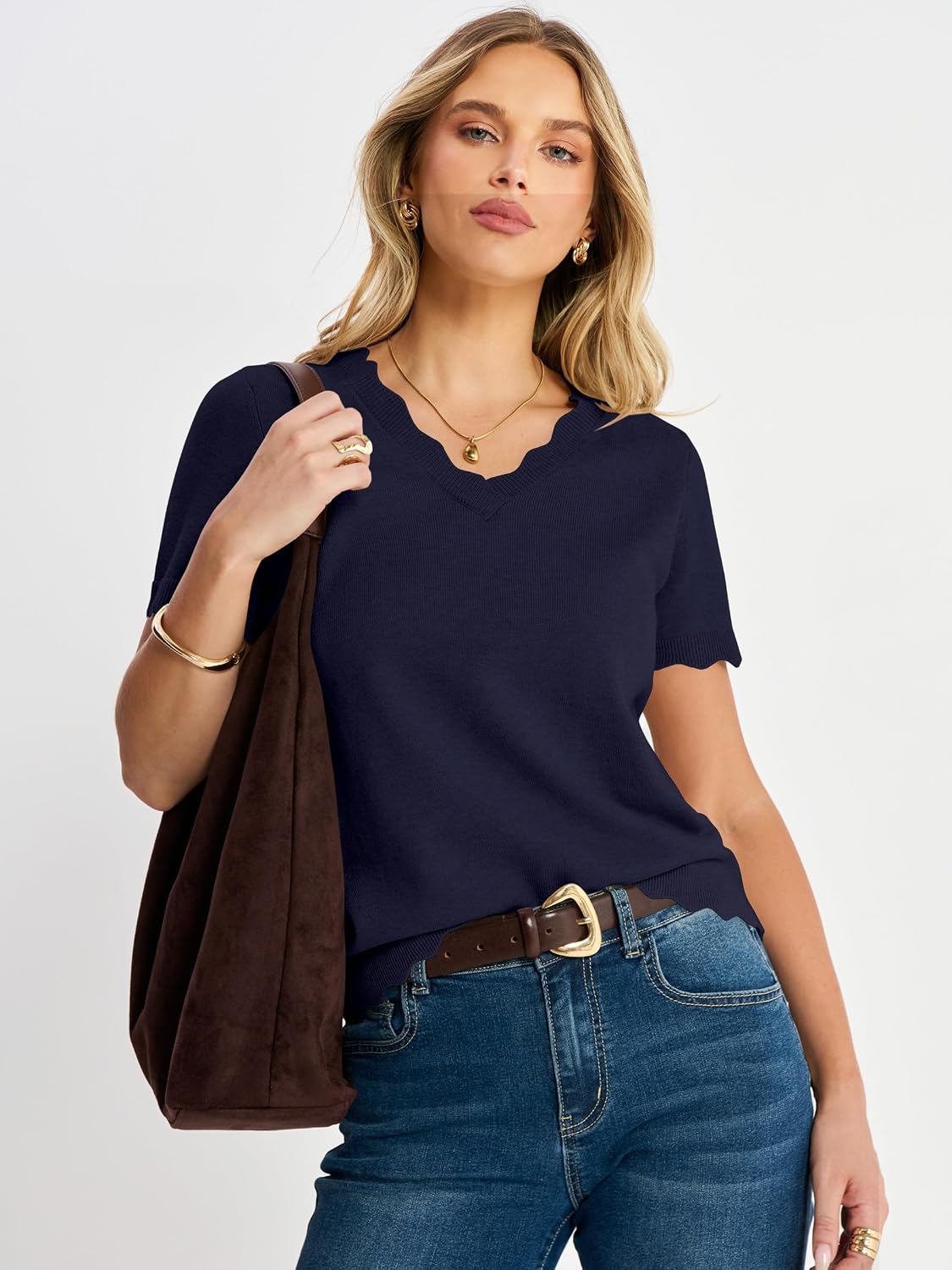 ANRABESS Short Sleeve Sweater for Women V Neck Ribbed Knit Lightweight Sweaters Top 2026 Summer Business Casual Outfits