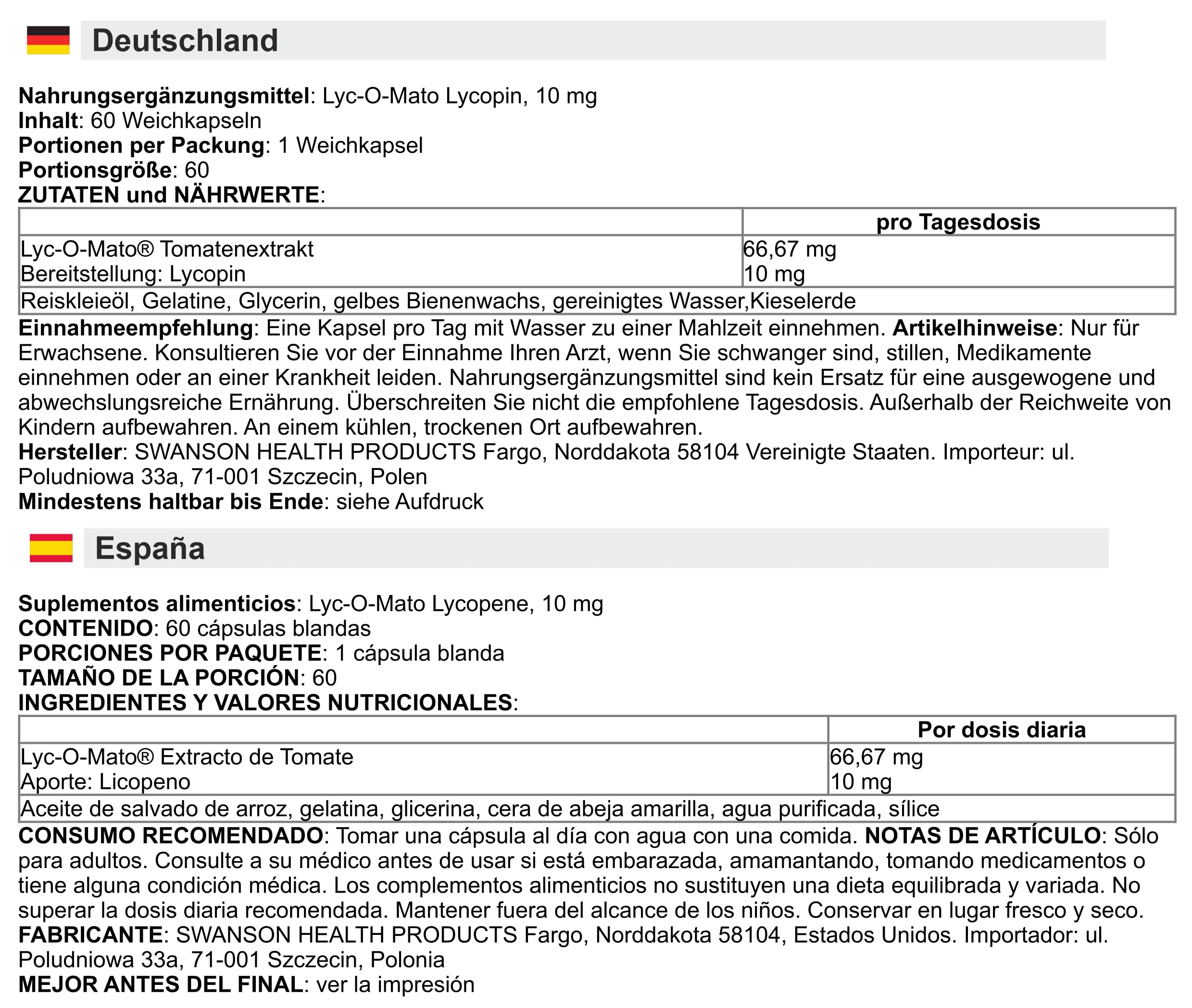 Swanson - LYC-O-MATO - Lycopene | Antioxidant Support for Heart & Prostate Health - 10mg, 60 Kapseln