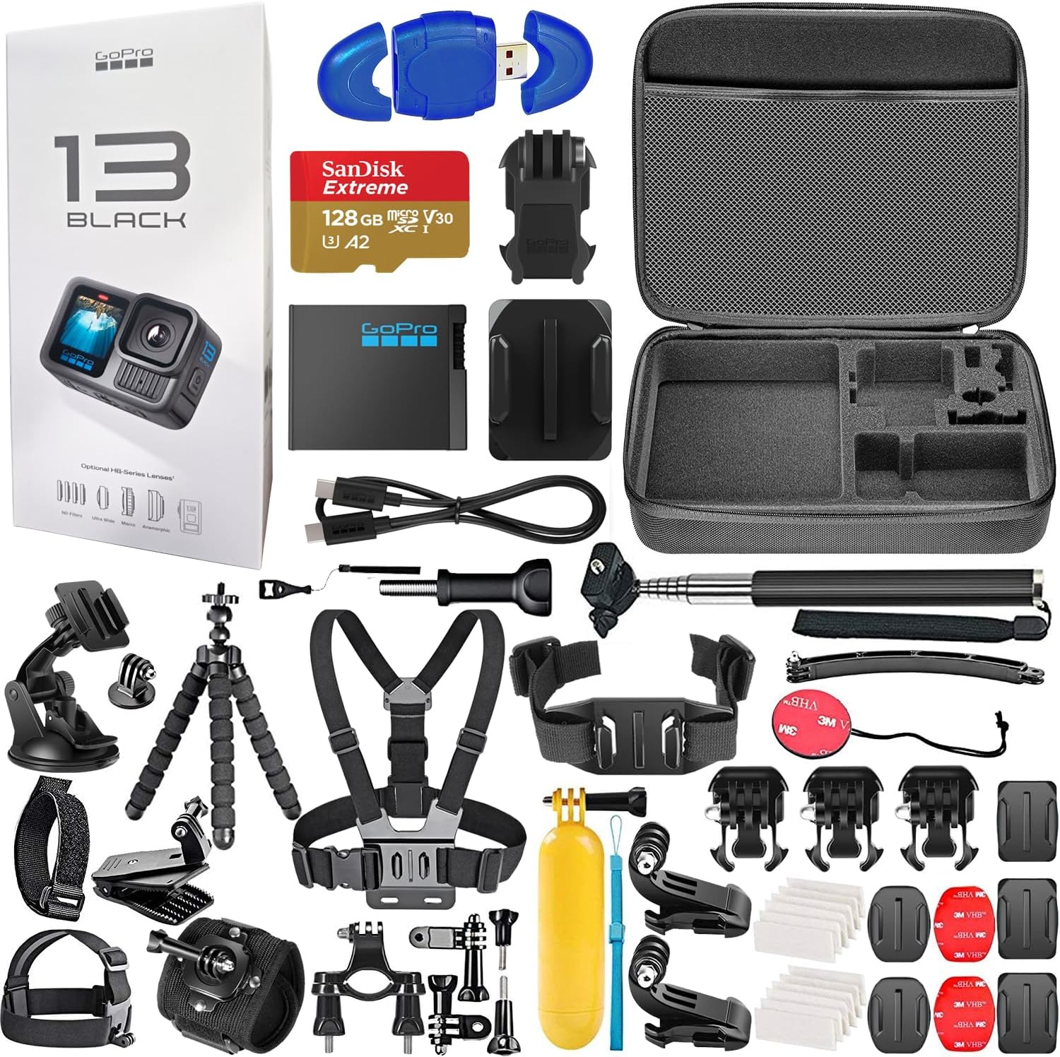 HERO13 (Hero 13) Black - Waterproof Action Camera with 5.3K Ultra HD Video, 27MP Photos, Live Streaming, Webcam, Stabilization + 128GB Card, 50 Piece Accessory Kit - Bundle