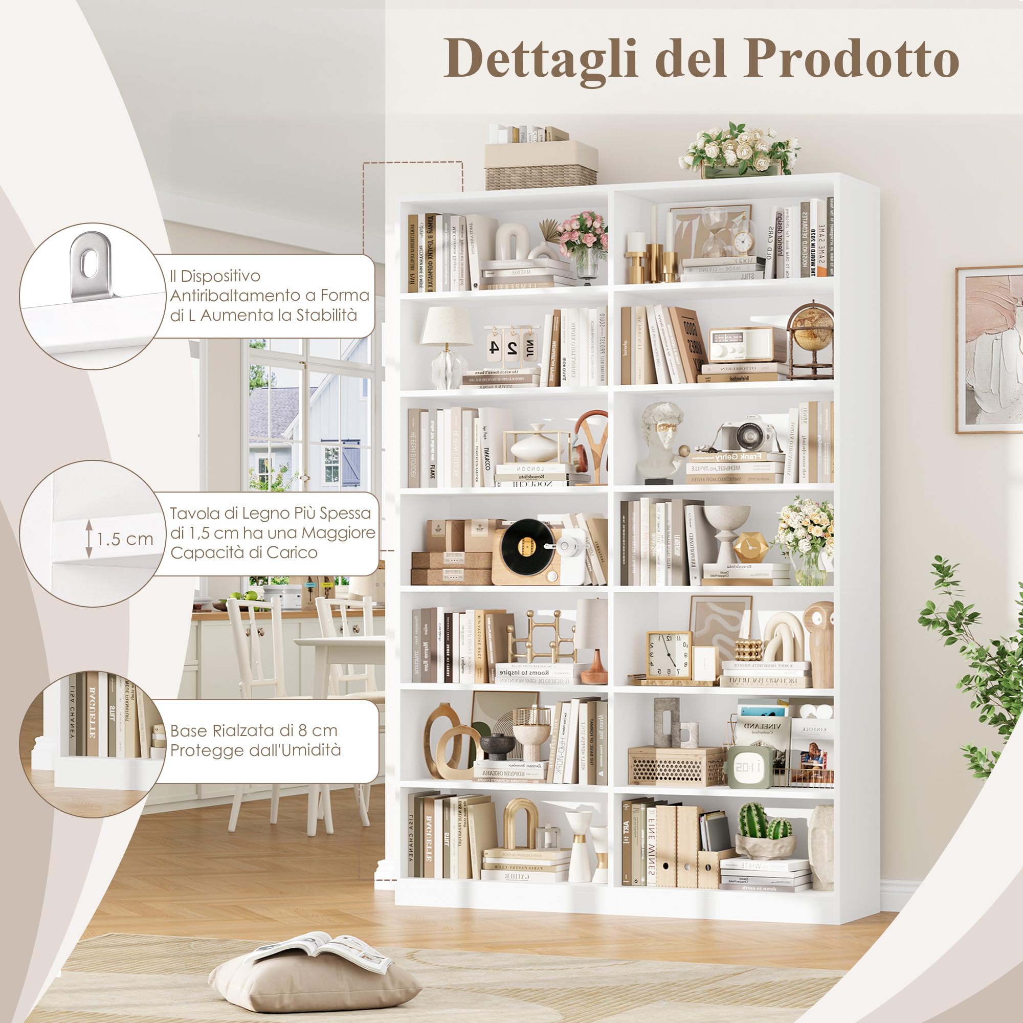 FirFurd 212 cm Libreria Verticale a 7 Ripiani, Libreria da Parete | Vetrina Espositiva a 14 Scomparti Aperti,Divisorio per Ambienti,per Soggiorno, Studio, Cucina, Ufficio,116x28.5x212 cm