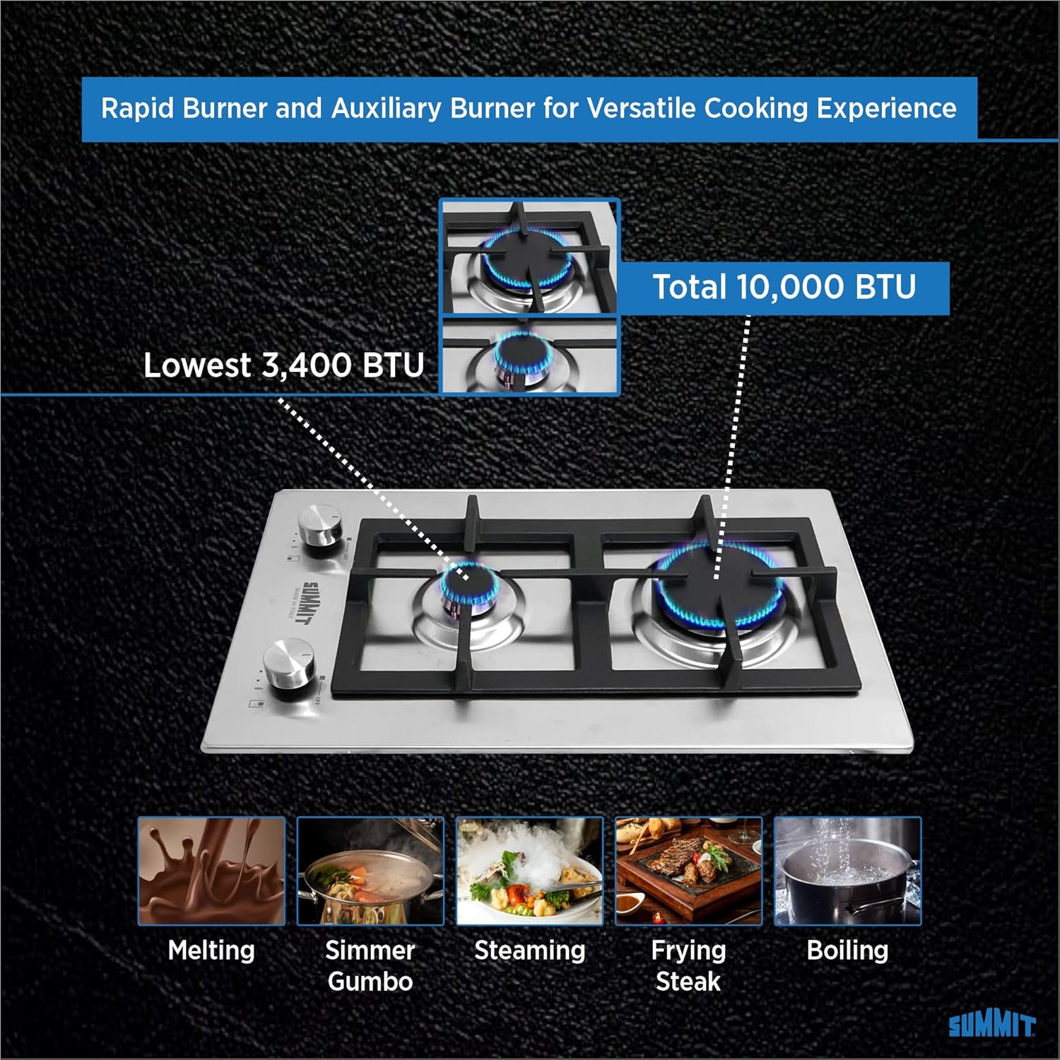 Summit GCJ2SSLP, 12-Inch-Wide, 2-Burner Propane Gas Cooktop, Stainless Steel with Sealed Burners, Cast Iron Grates, LPG/NG Conversion Kit, Flame Failure Protection, Easy to Clean, Cord Included
