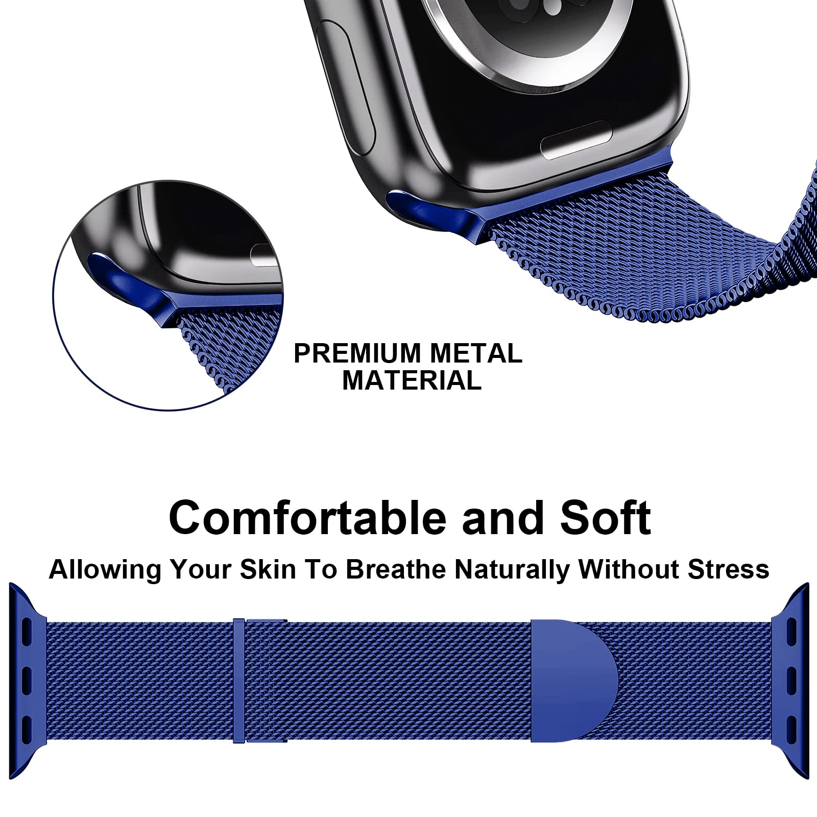Higgs Cinturini Compatibile con Cinturino Apple Watch 49mm 46mm 45mm 44mm 42mm Donna Uomo,Cinturino Magnetiche Regolabili Doppie per iWatch Series 10 9 8 7 SE 6 5 4 3 2 1,Liscio Maglia Milanese Blu