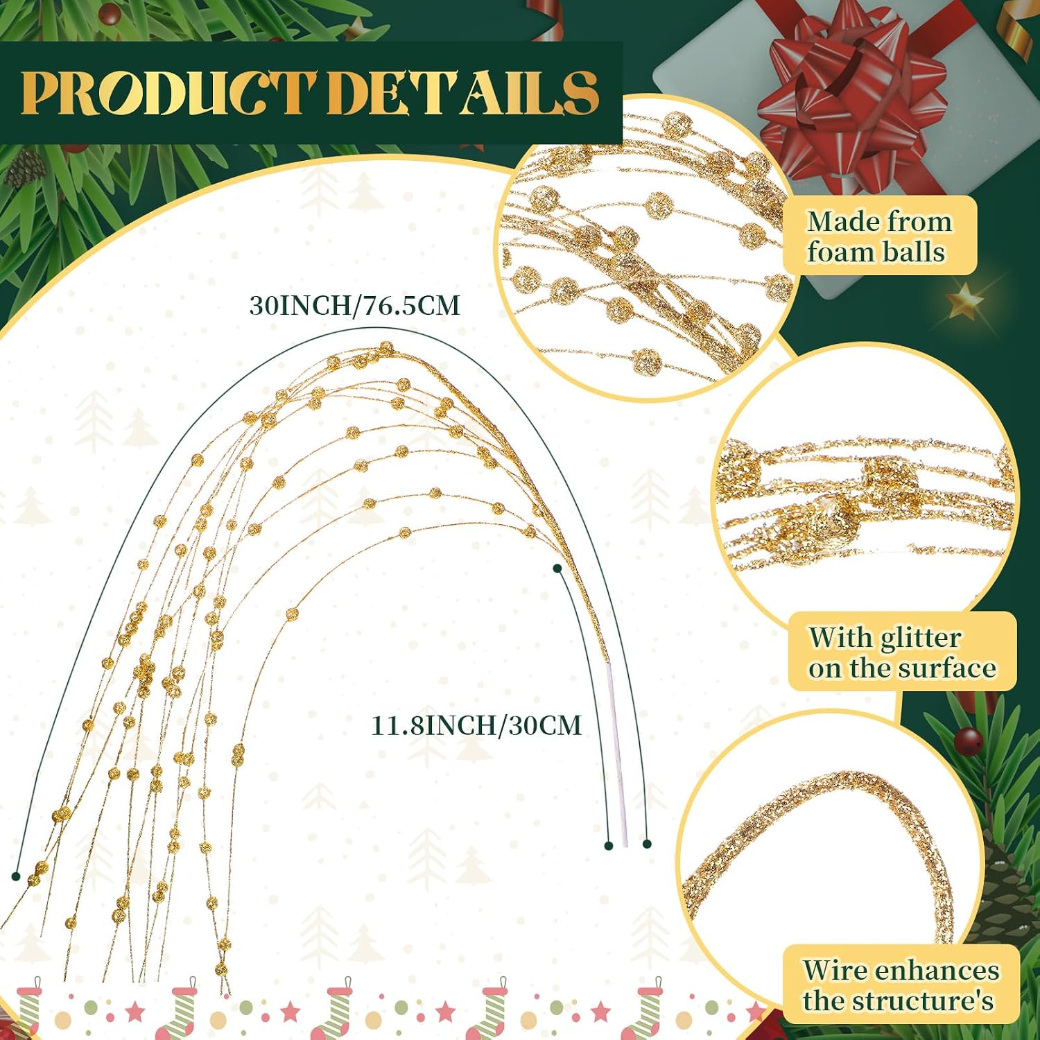 Knitgrip 12 Pcs Christmas Gold Glitter Berry Stems 30 Inch Christmas Artificial DIY Picks Branches Gold Xmas Wreath Ornaments Glitter Twigs for Xmas Tree Filler Branches Wreaths Garlands Craft Decor