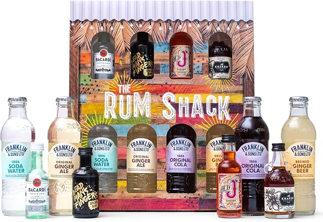 Spiced Rum Gift Set - Dead Mans Fingers Rum, Kraken Rum, Bacardi, Old J Cherry x4 5cl, Franklin and Sons Mixers x4 - Valentines, Birthday, Flavoured Dark Rum Gifts for Men - Mens Alcohol Miniatures