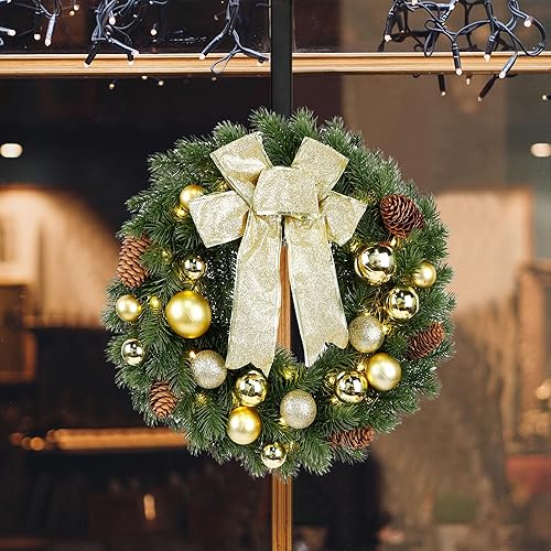 Miniatura 7 de Hausse - Corona de Navidad iluminada con colgador de metal, corona de Navidad pre-iluminada con lazo dorado grande y bolas, funciona con pilas, con