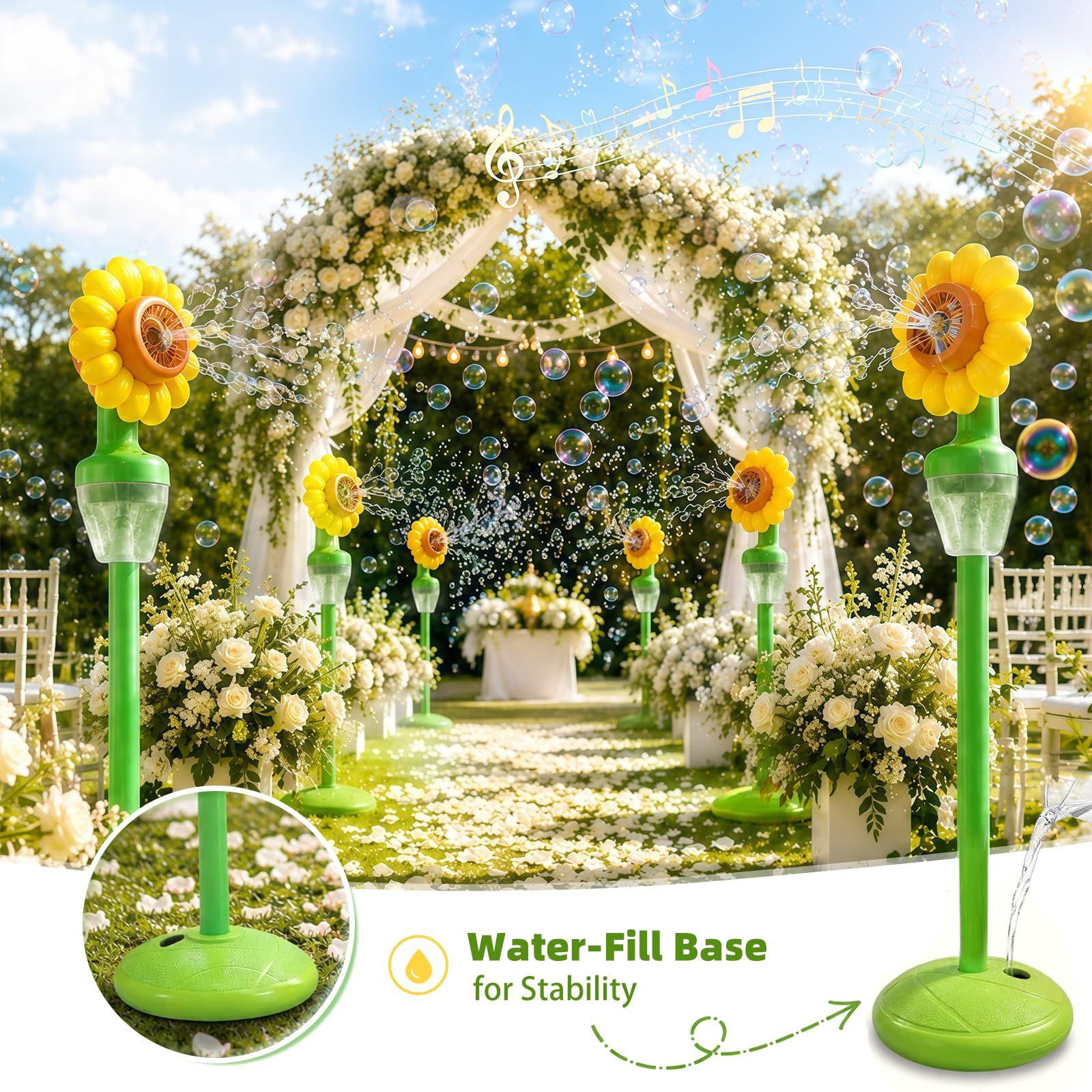 Máquina de burbujas de jabón para niños, girasoles, de pie, con batería, con luz LED y música, 150 ml + 20 x líquido de burbujas para cumpleaños/fiesta/boda