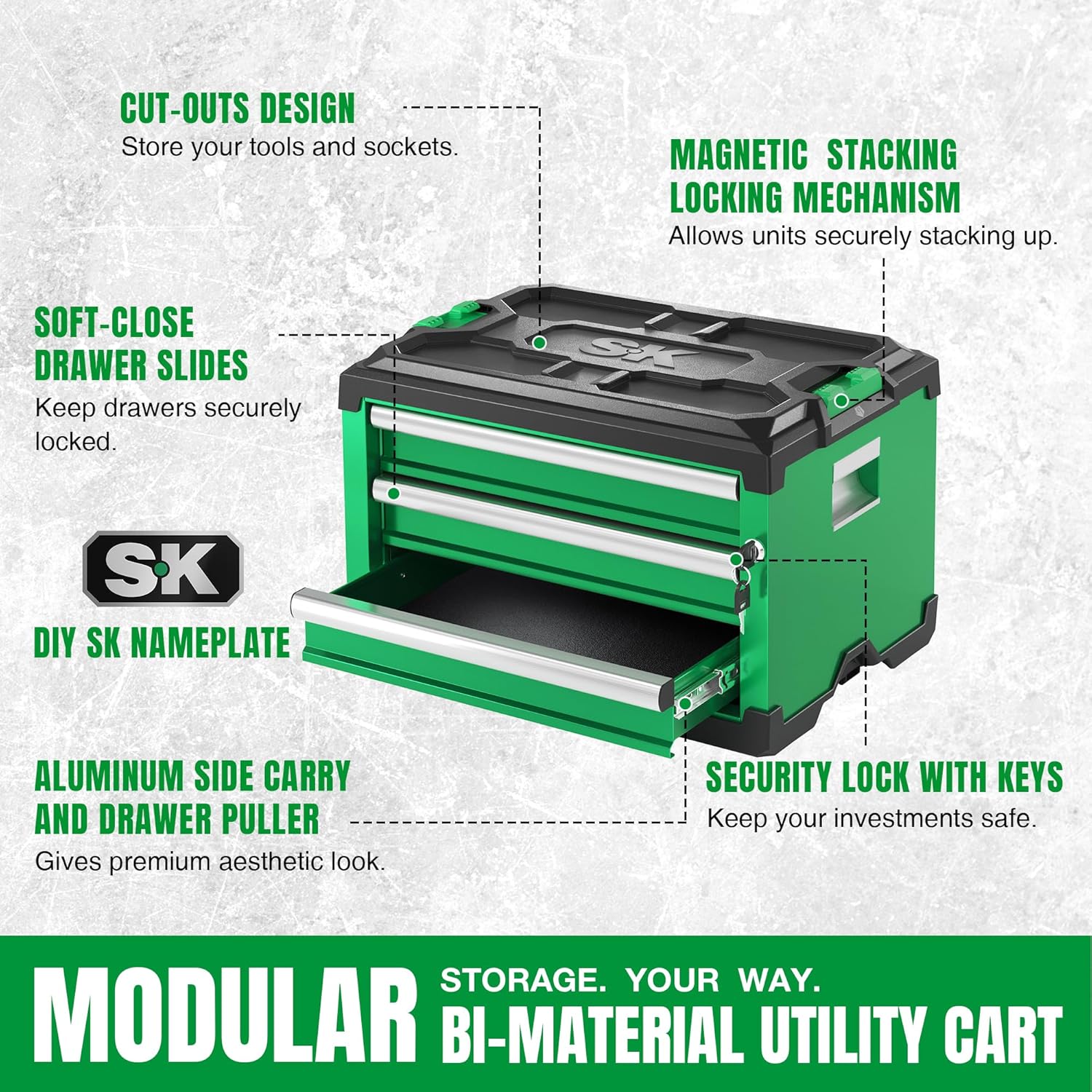 SK Modular Stackable Storage Tool Box, 20.5 Inch, 3-Drawer Steel Box, Magnetic Auto-Lock Mechanism, Holds up to 60 Lbs