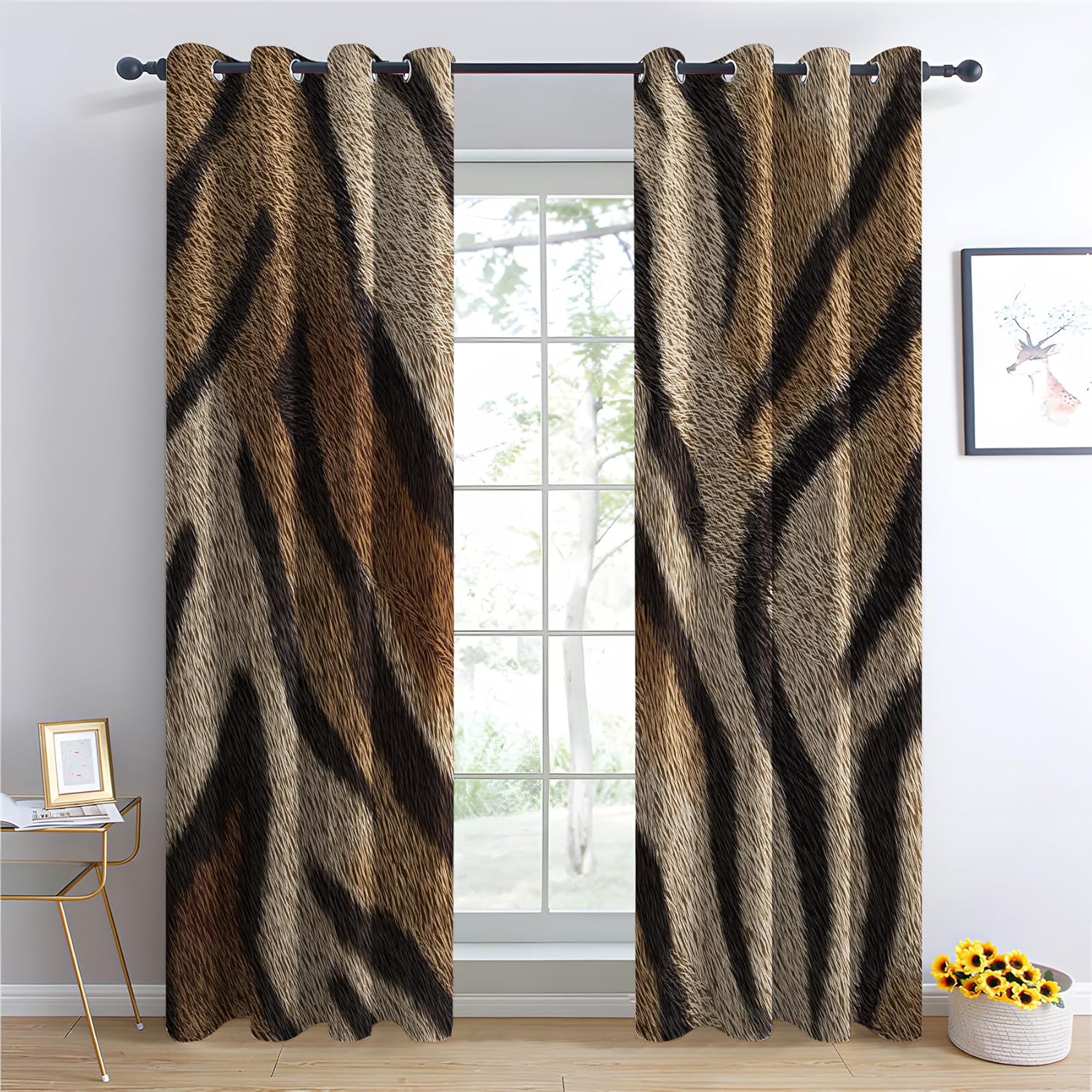 Tiger Print Curtains Blackout, Thermal Insulated Room Darkening Grommet Drapes for Bedroom & Living Room, Tiger Skin Animal Print Window Curtains & Home Decor, 63 Inch Drapes 2 Panel Set