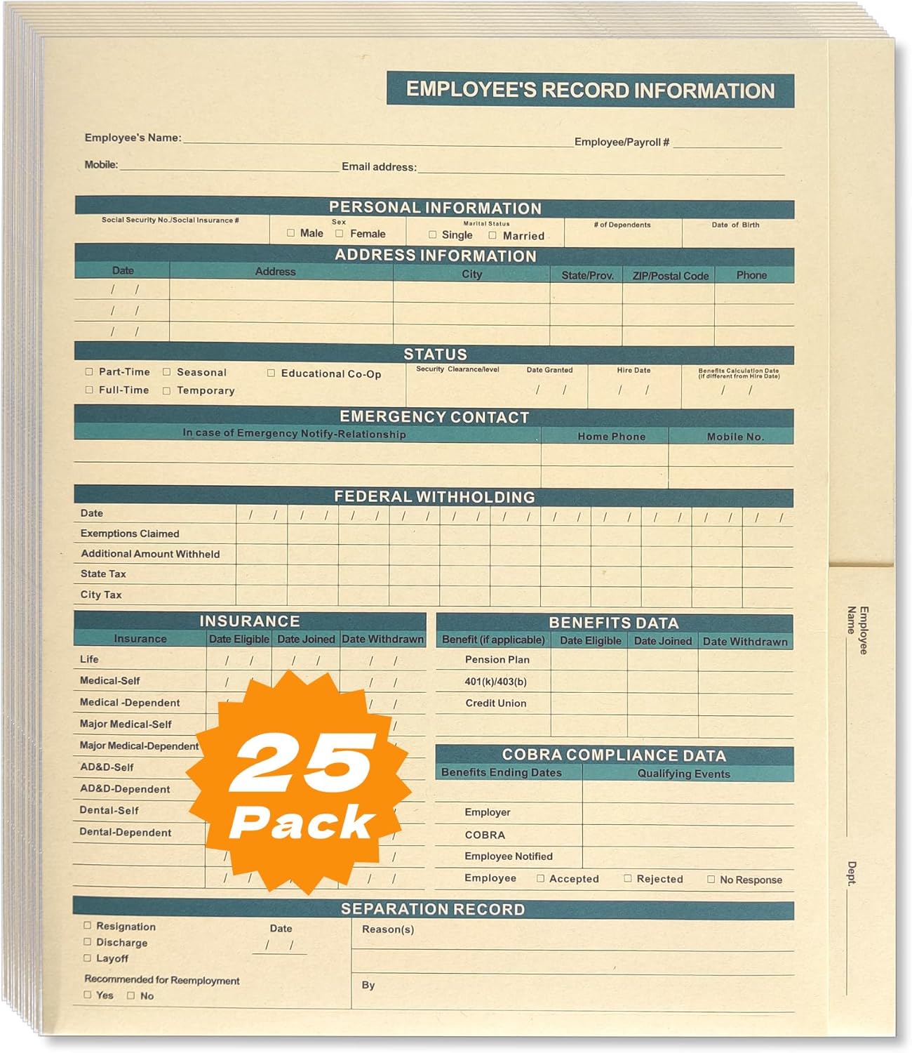 HR Folders for Employee Files – 25-Pack Heavy-Duty Manila Folders with Preprinted Personnel Forms and Labels, 9.5 x 11.5 Letter Size, 2 Internal Pockets, Secure Document Storage