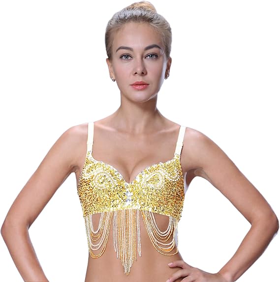 Seawhisper Tribal Glitter Sparkle Rhinestone Belly Dance Beaded Sequined Bra Top for Rave Cabaret Party