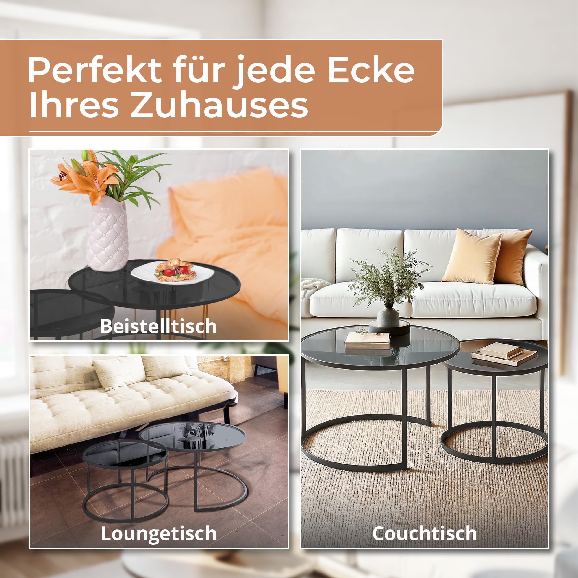 [en.casa] Couchtisch Kokkola 2er Set Wohnzimmertisch rund Beistelltisch Schwarz Tischplatte aus Glas Kaffeetisch Metallgestell Satztisch Sofatisch Rauchglas