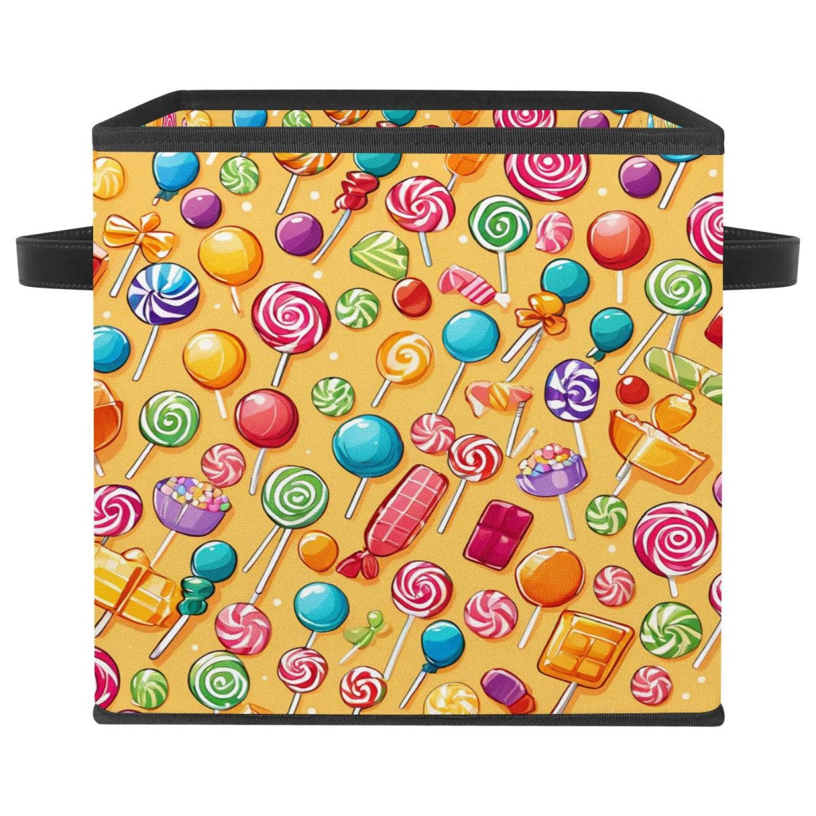 Grand bac de rangement cubique motif bonbons jaunes pour organiser la maison